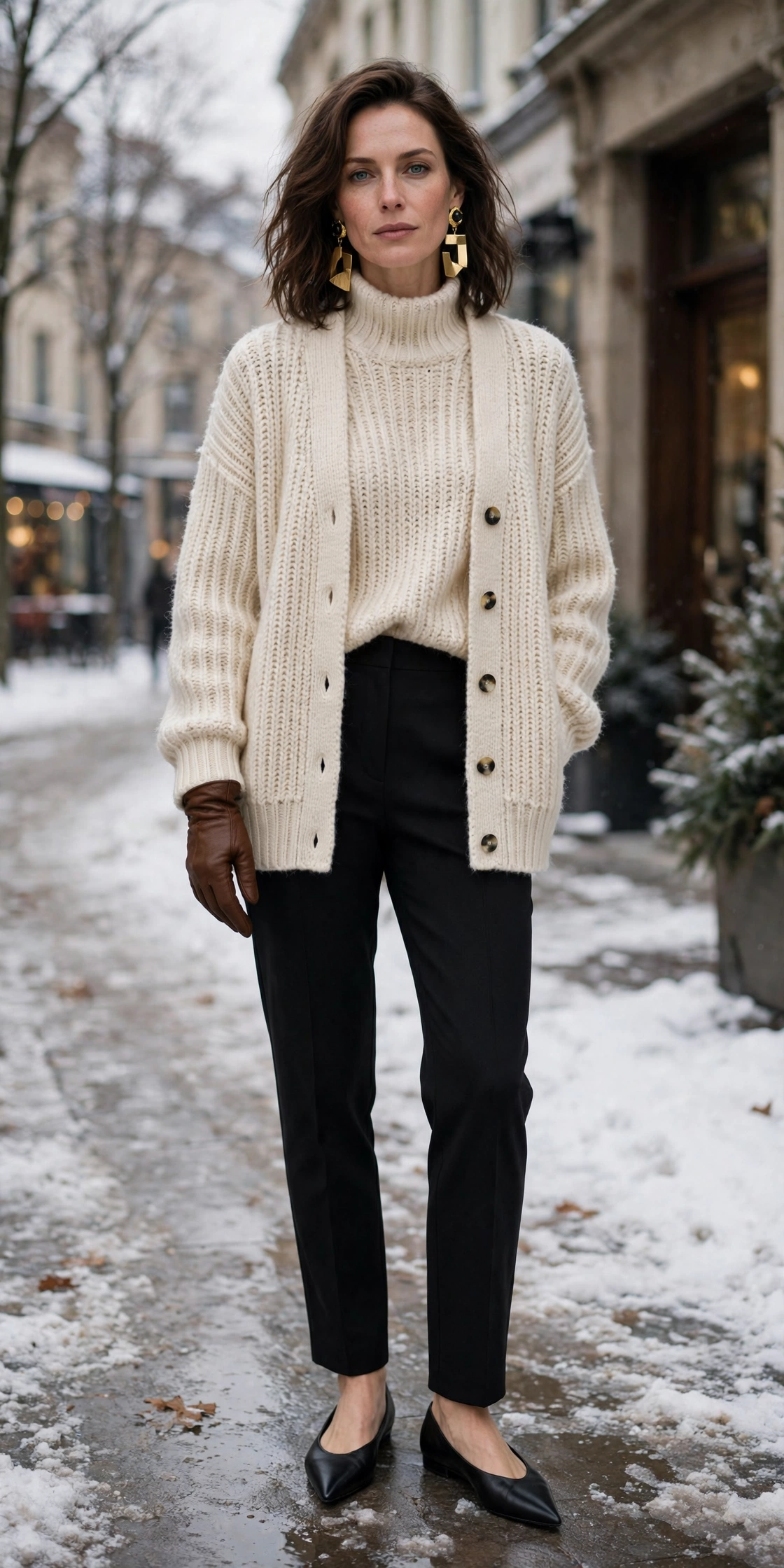 20 Women in Their 30s Brown Leather Glove Outfits for Winter Weekends That Are Chic, Warm and Elegant 2 Brown leather glove and knit outfit with black trousers, elegant pointed flats and statement earrings