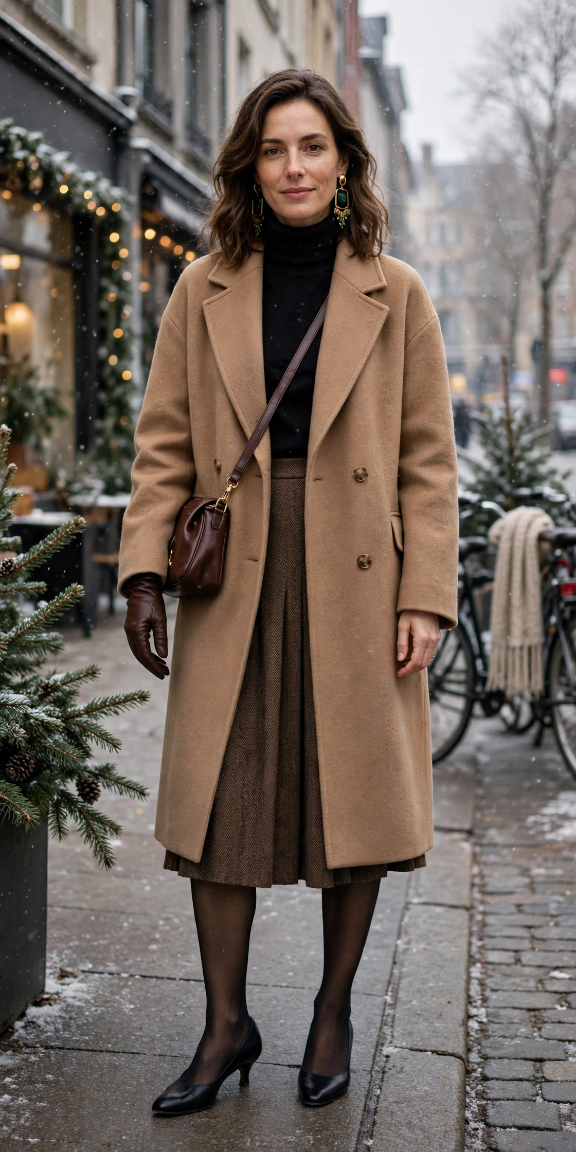 20 Women in Their 30s Brown Leather Glove Outfits for Winter Weekends That Are Chic, Warm and Elegant 3 Chocolate leather glove and relaxed coat outfit with a knee-length skirt, low-heeled pumps and statement earrings