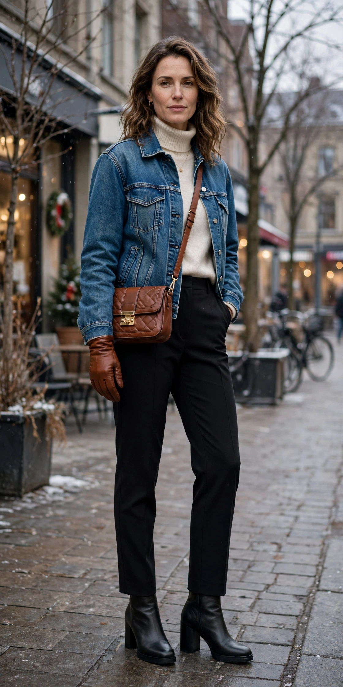 20 Women in Their 30s Brown Leather Glove Outfits for Winter Weekends That Are Chic, Warm and Elegant 5 Cognac leather glove and denim outfit with black trousers, comfortable block heels and a chic crossbody bag