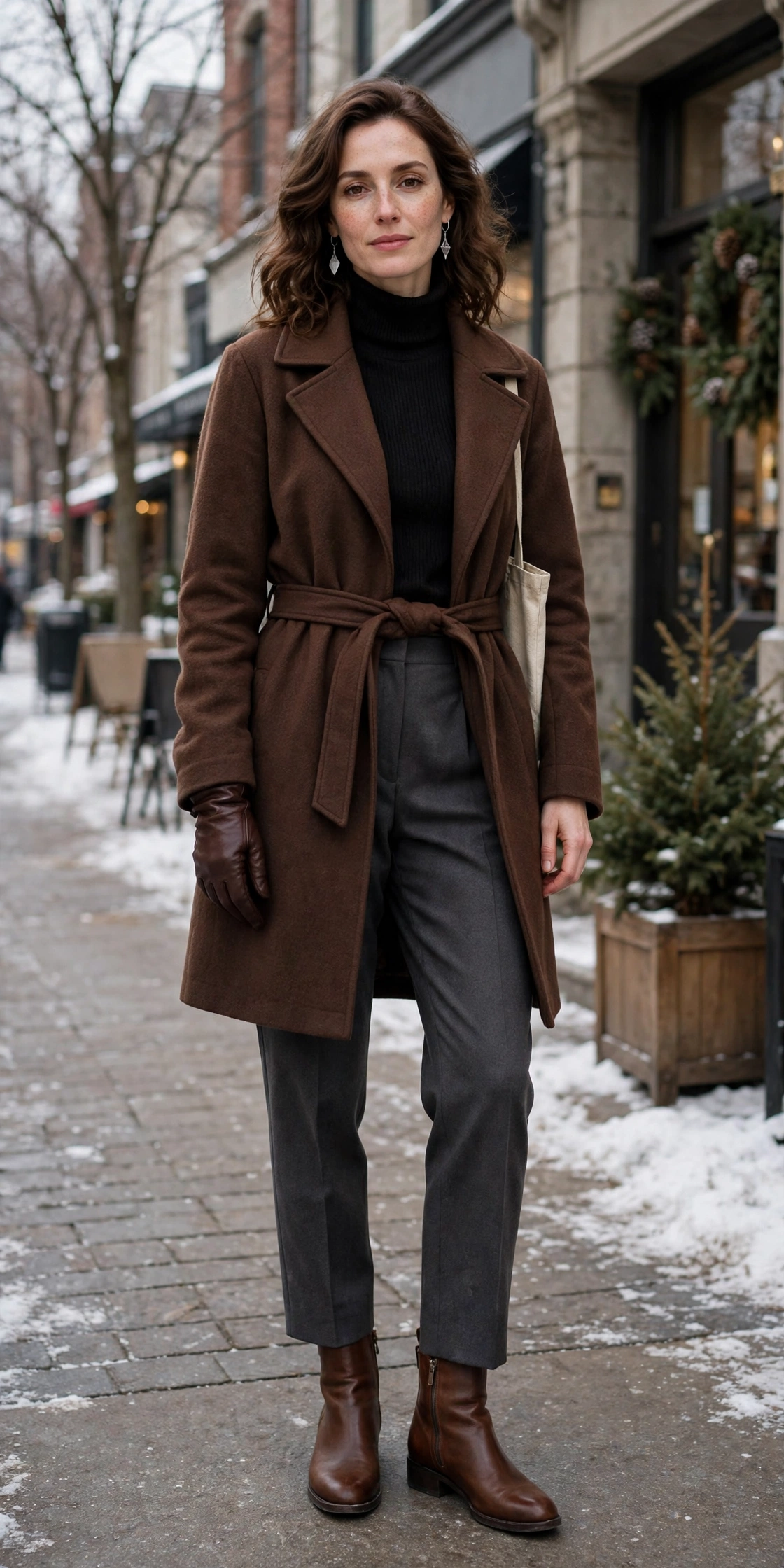 20 Women in Their 30s Brown Leather Glove Outfits for Winter Weekends That Are Chic, Warm and Elegant 7 Chocolate leather glove and casual coat outfit with tailored trousers, leather ankle boots and silver drop earrings
