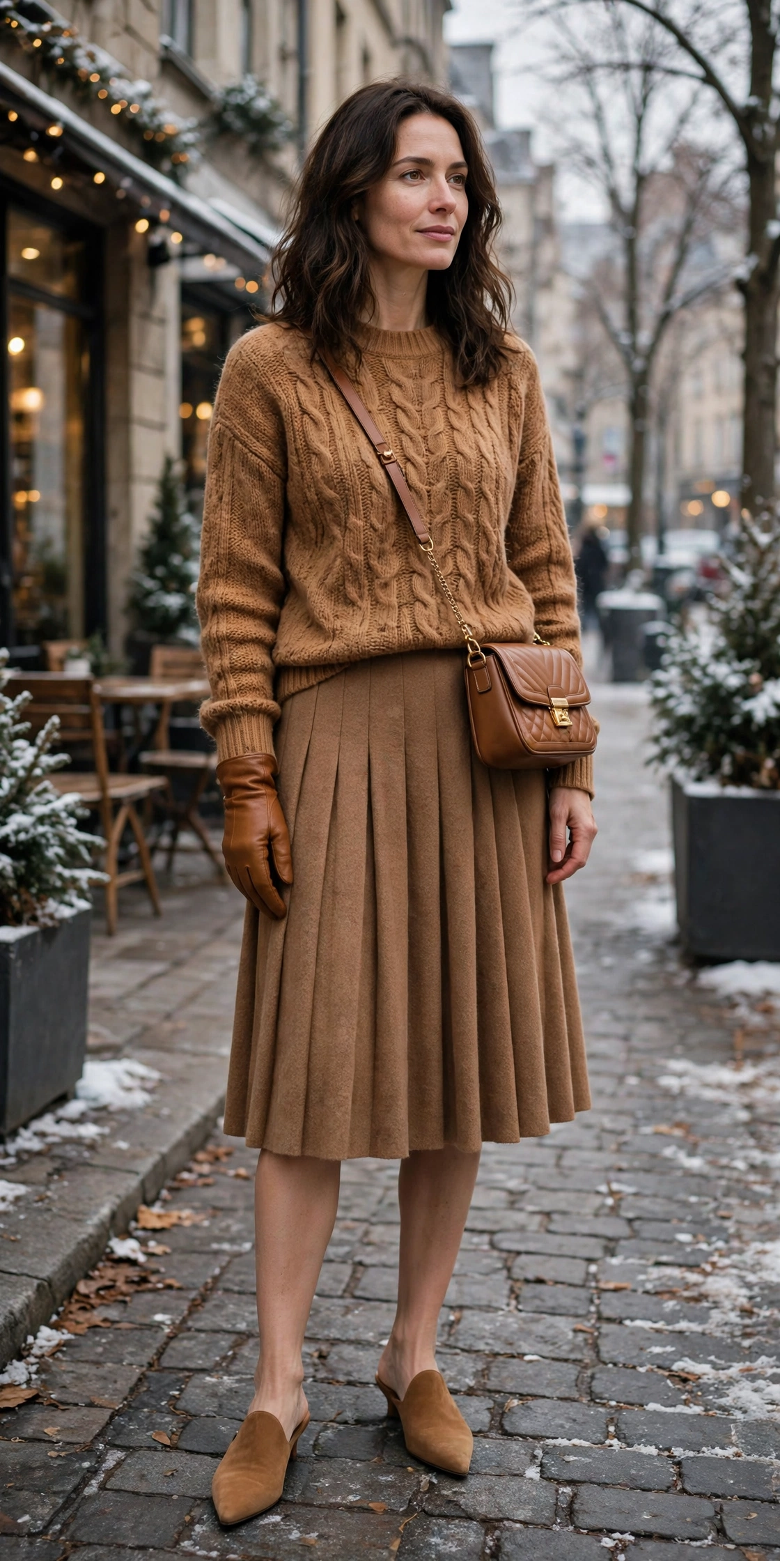20 Women in Their 30s Brown Leather Glove Outfits for Winter Weekends That Are Chic, Warm and Elegant 9 Caramel leather glove and sweater outfit with a knee-length skirt, pointed mules and a chic crossbody bag