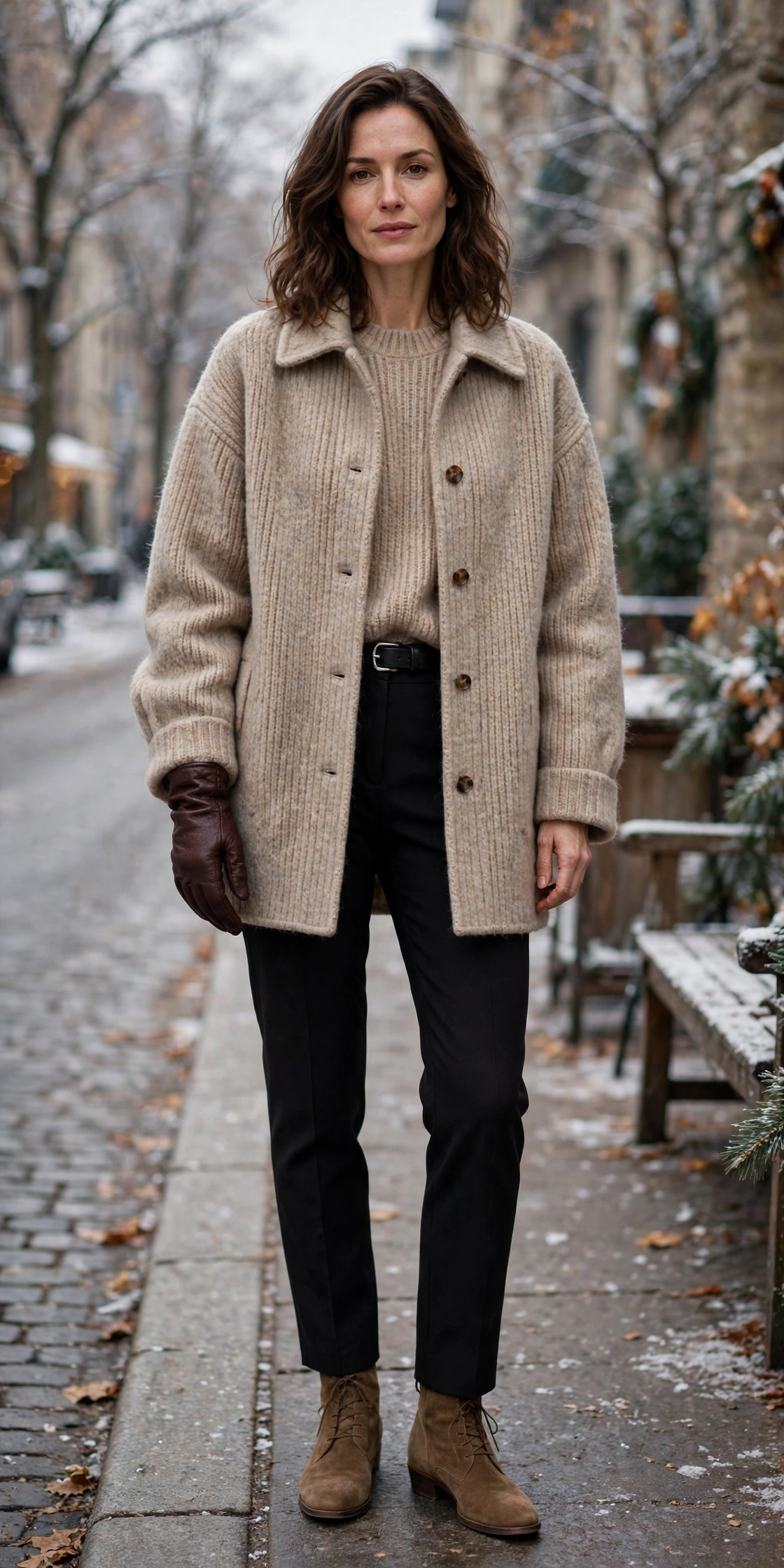 20 Women in Their 30s Brown Leather Glove Outfits for Winter Weekends That Are Chic, Warm and Elegant 10 Chocolate leather glove and wool outfit with black trousers, suede ankle boots and a slim leather belt