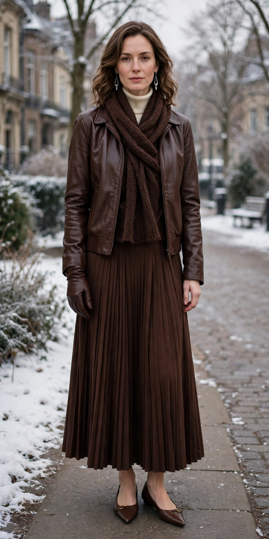 20 Women in Their 30s Brown Leather Glove Outfits for Winter Weekends That Are Chic, Warm and Elegant 12 Chocolate leather glove and scarf outfit with a pleated skirt, elegant pointed flats and silver drop earrings
