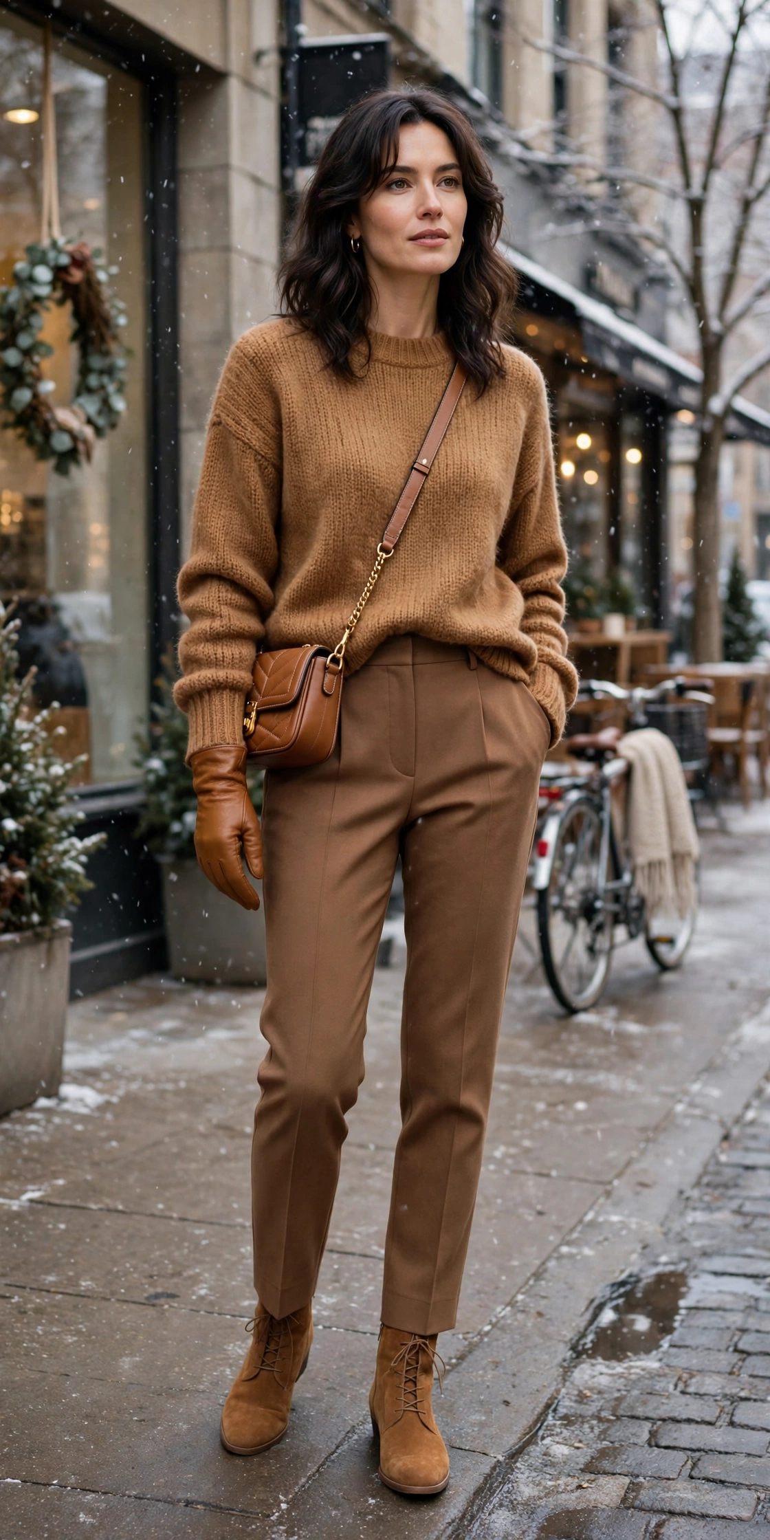 20 Women in Their 30s Brown Leather Glove Outfits for Winter Weekends That Are Chic, Warm and Elegant 13 Caramel leather glove and sweater outfit with tailored trousers, suede ankle boots and a chic crossbody bag