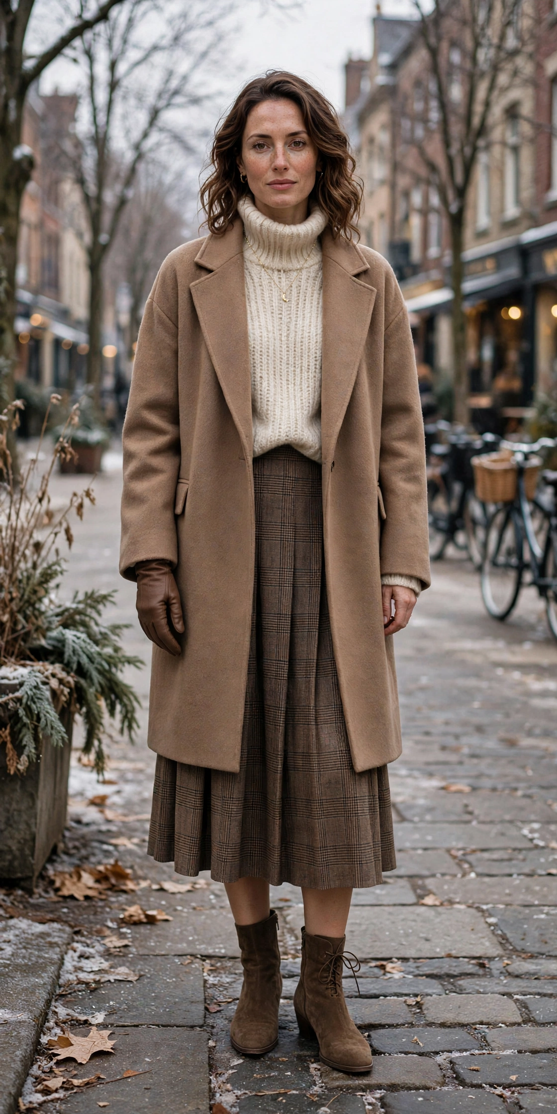 20 Women in Their 30s Brown Leather Glove Outfits for Winter Weekends That Are Chic, Warm and Elegant 14 Mocha leather glove and layered outfit with a midi skirt, suede ankle boots and a delicate gold necklace