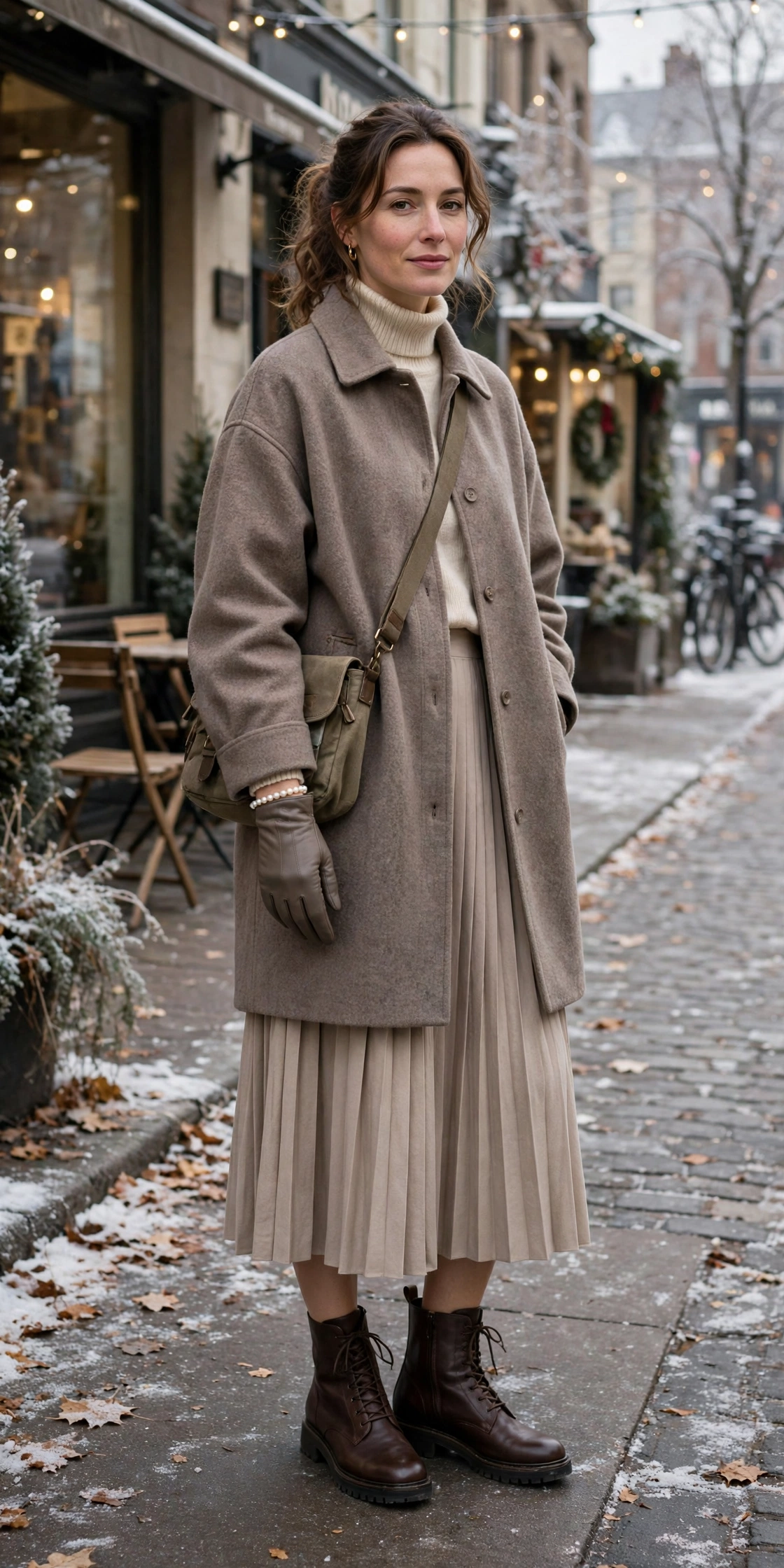 20 Women in Their 30s Brown Leather Glove Outfits for Winter Weekends That Are Chic, Warm and Elegant 16 Taupe leather glove and casual coat outfit with a pleated skirt, leather ankle boots and a pearl bracelet