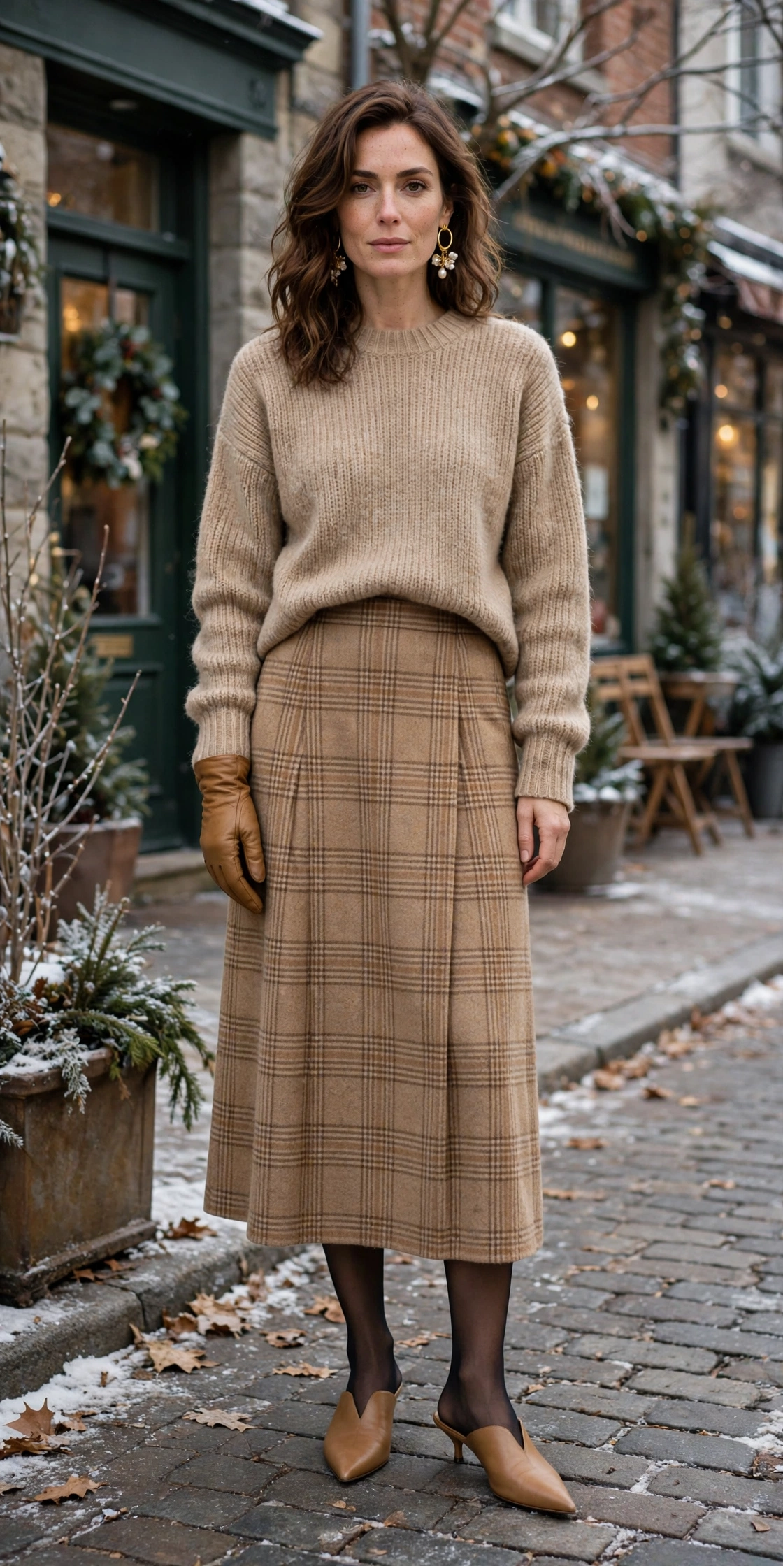 20 Women in Their 30s Brown Leather Glove Outfits for Winter Weekends That Are Chic, Warm and Elegant 20 Tan leather glove and sweater outfit with a midi skirt, pointed mules and statement earrings