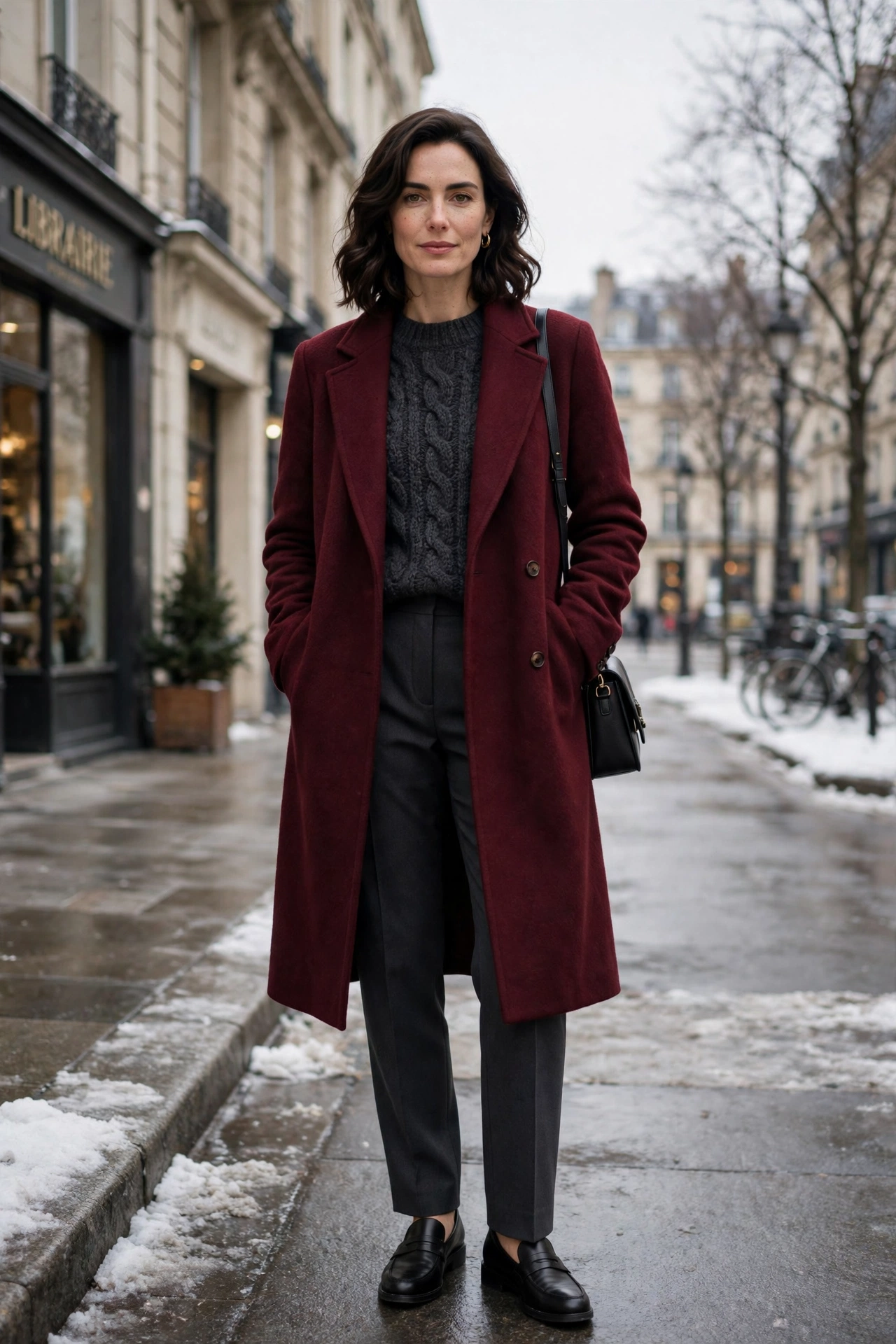 Charcoal knit sweater with a burgundy coat, charcoal trousers and classic loafers