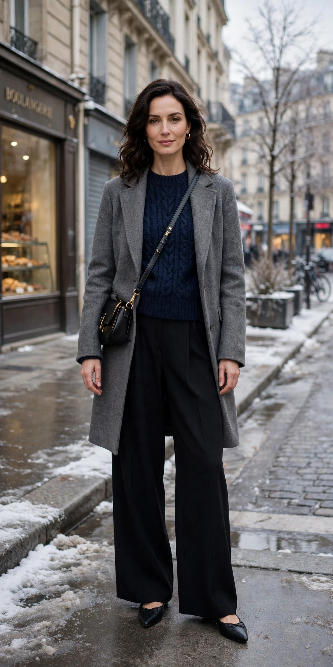 Navy knit sweater with a grey coat, black wide-leg trousers and elegant pointed flats