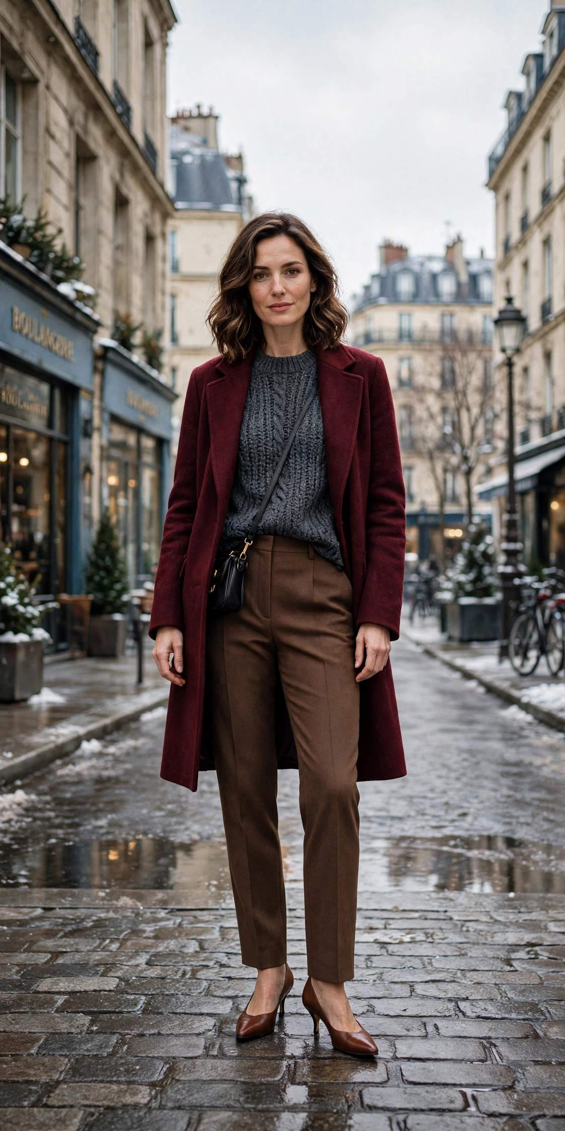 Charcoal knit sweater with a burgundy coat, brown trousers and kitten heels