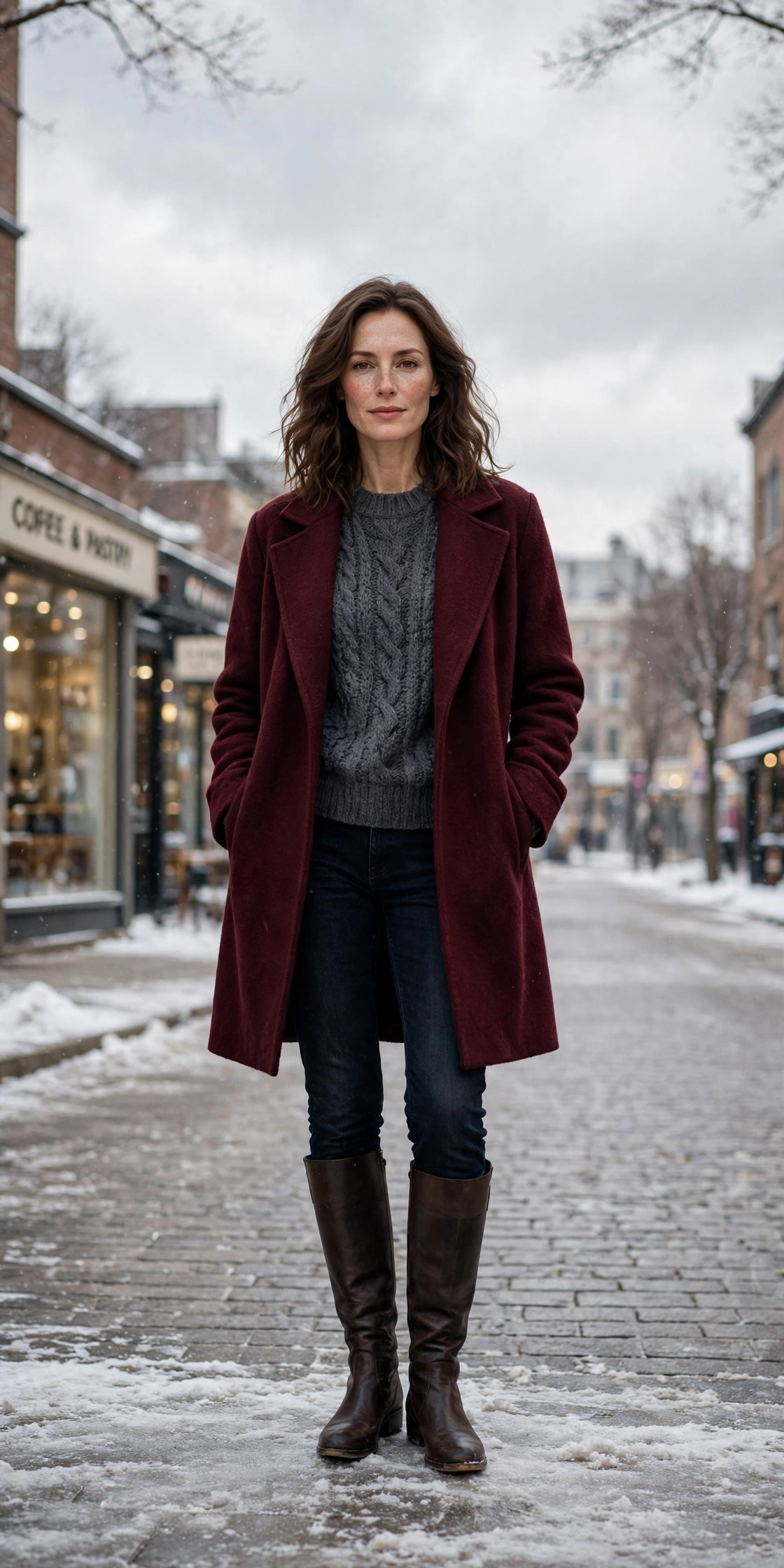 Charcoal knit sweater with a burgundy coat, dark jeans and knee-high boots