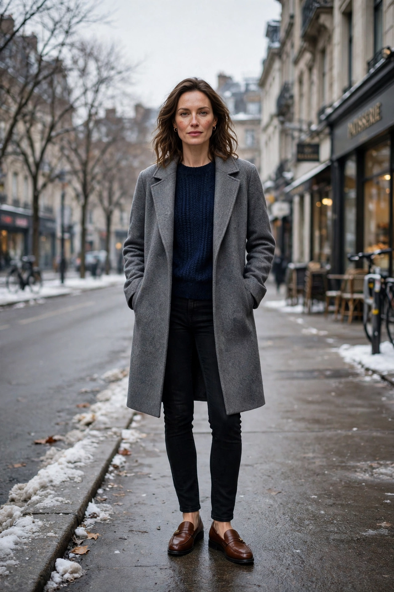Navy knit sweater with a grey coat, black jeans and classic loafers