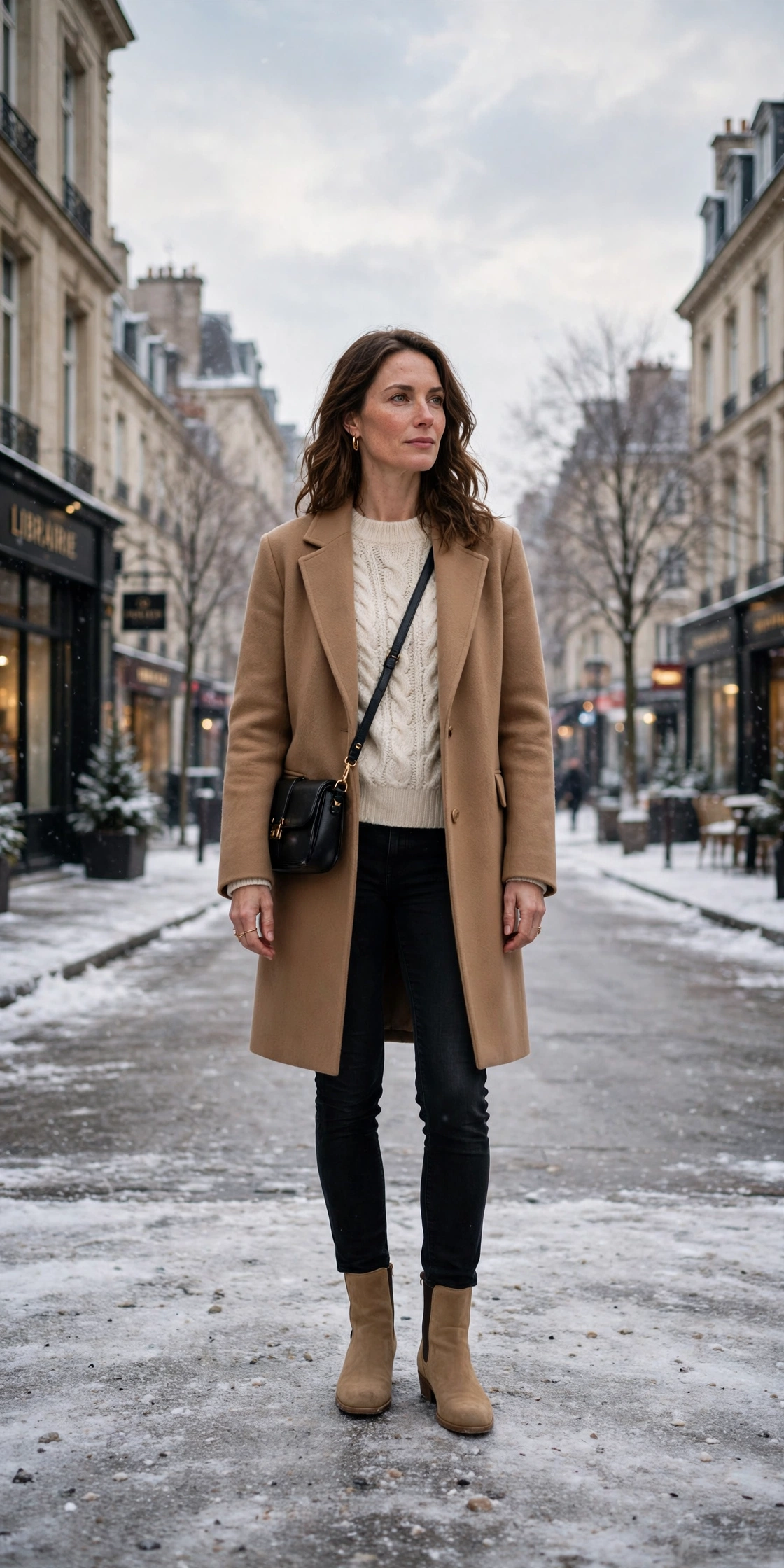 Cream knit sweater with a camel coat, black jeans and suede ankle boots