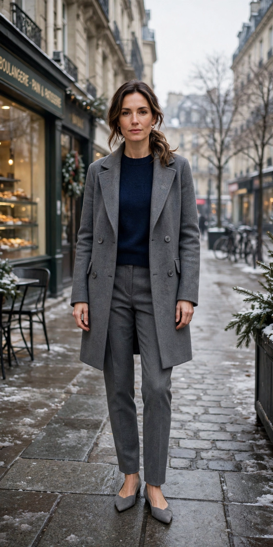 Navy knit sweater with a grey coat, grey tailored trousers and elegant pointed flats