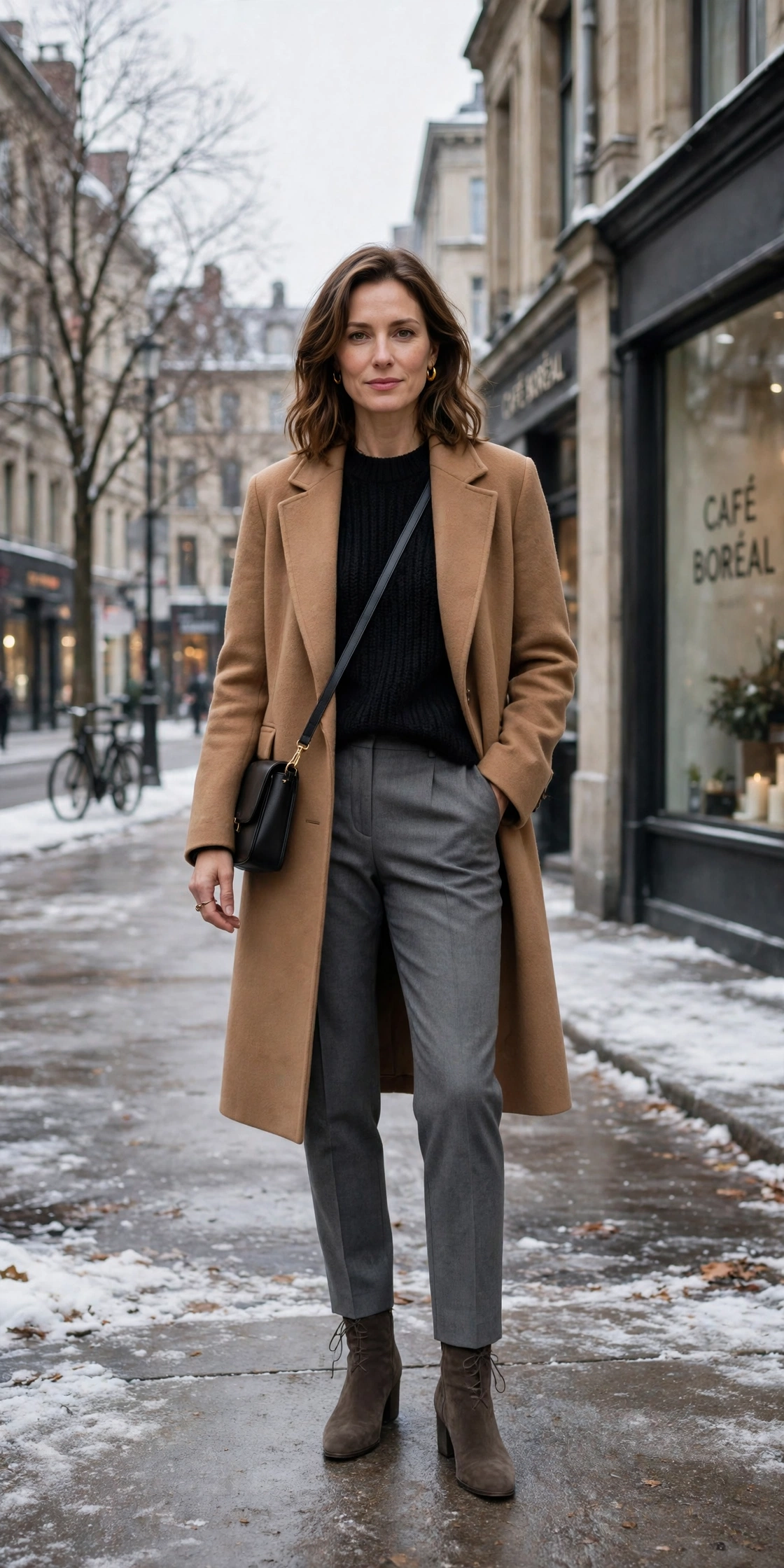 Black knit sweater with a camel coat, grey tailored trousers and suede ankle boots