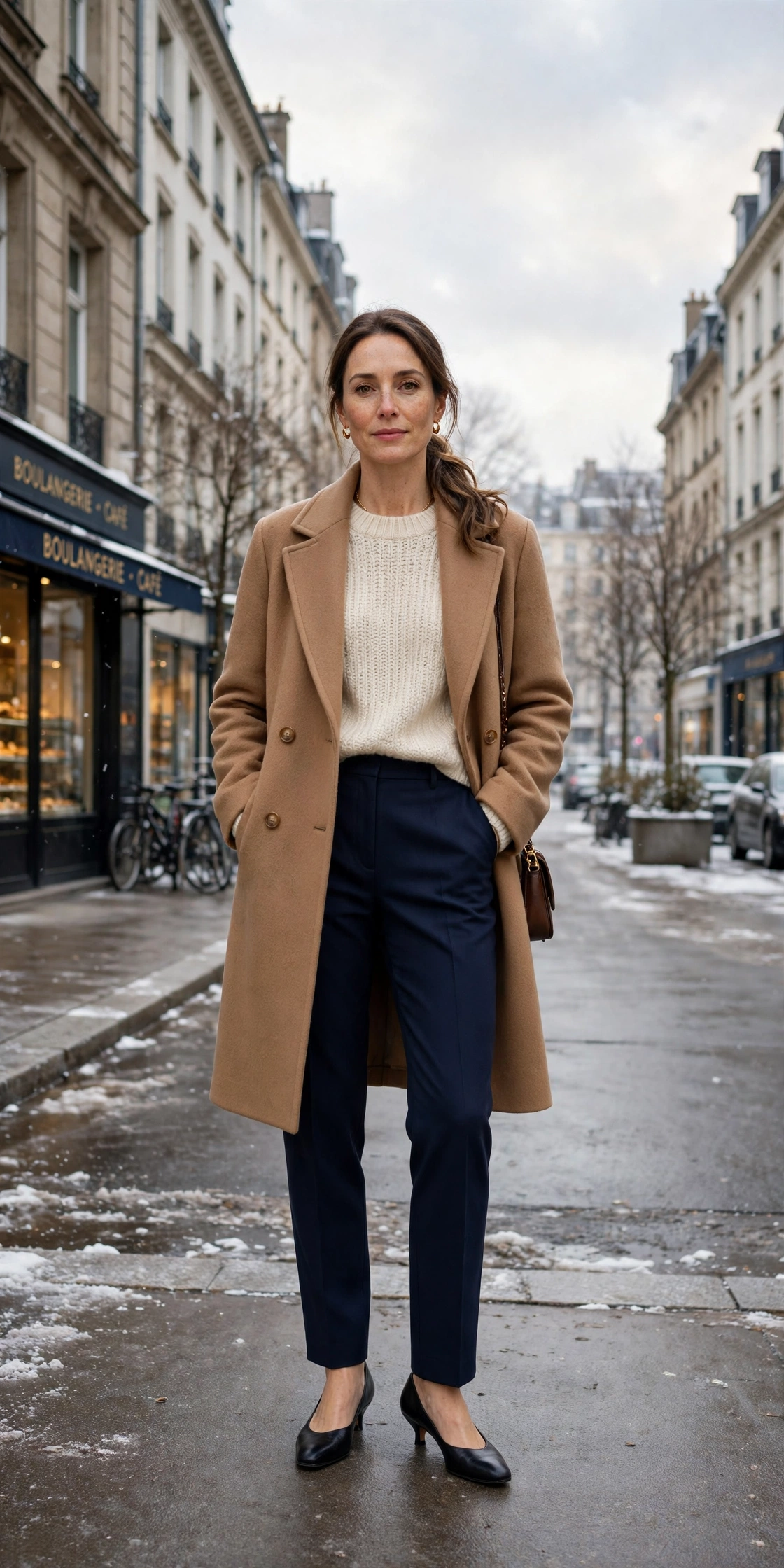 Cream knit sweater with a camel coat, navy trousers and low-heeled pumps