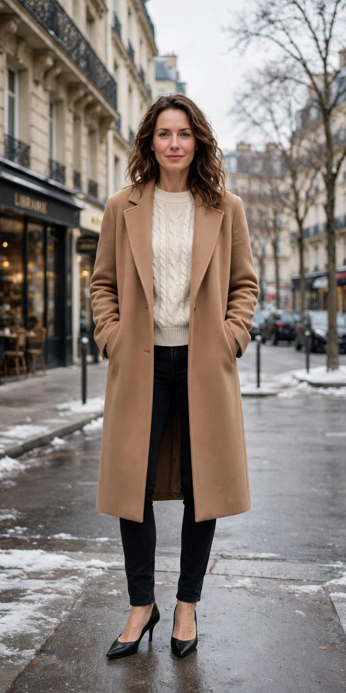 Cream knit sweater with a camel coat, black jeans and kitten heels