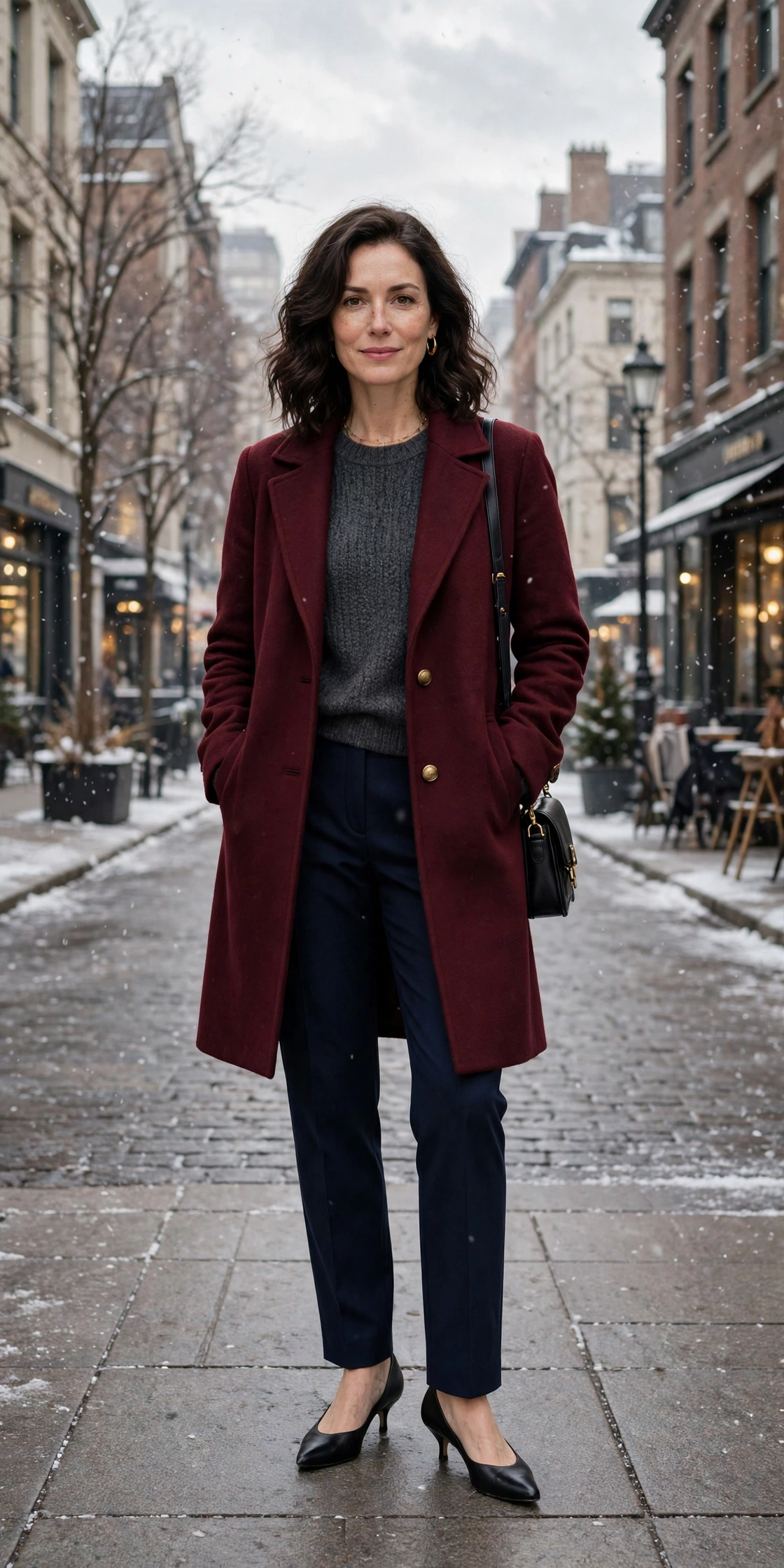 Charcoal knit sweater with a burgundy coat, navy trousers and kitten heels