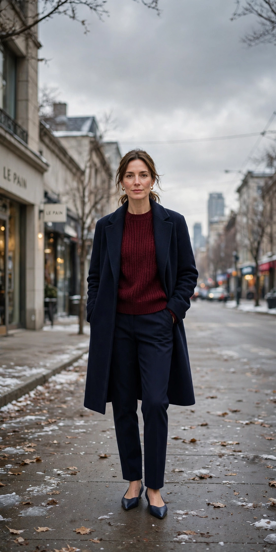 Burgundy knit sweater with a navy coat, navy trousers and elegant pointed flats
