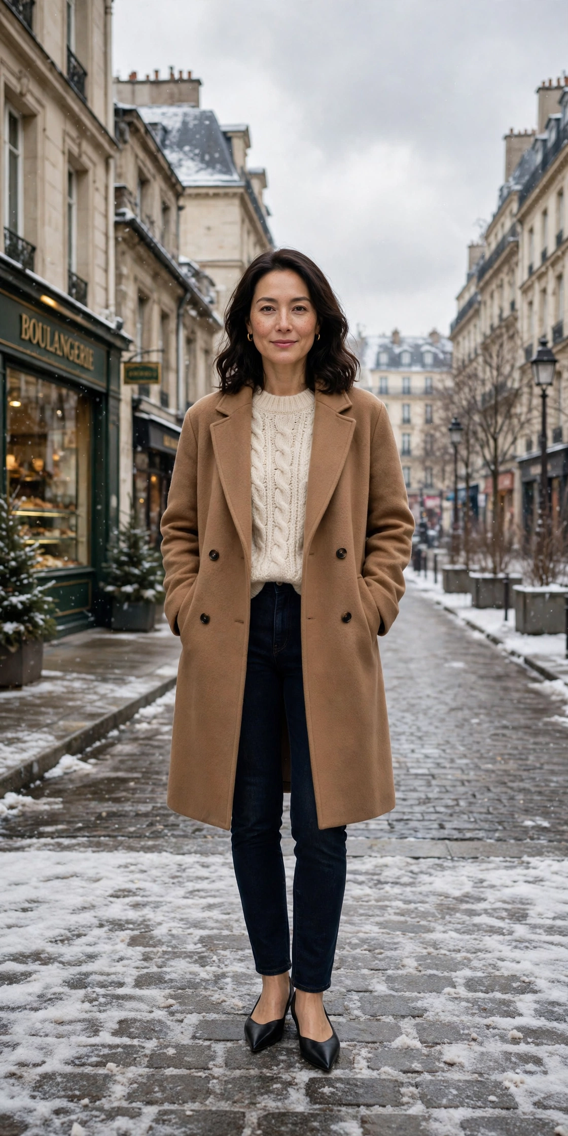 Cream knit sweater with a camel coat, dark jeans and elegant pointed flats