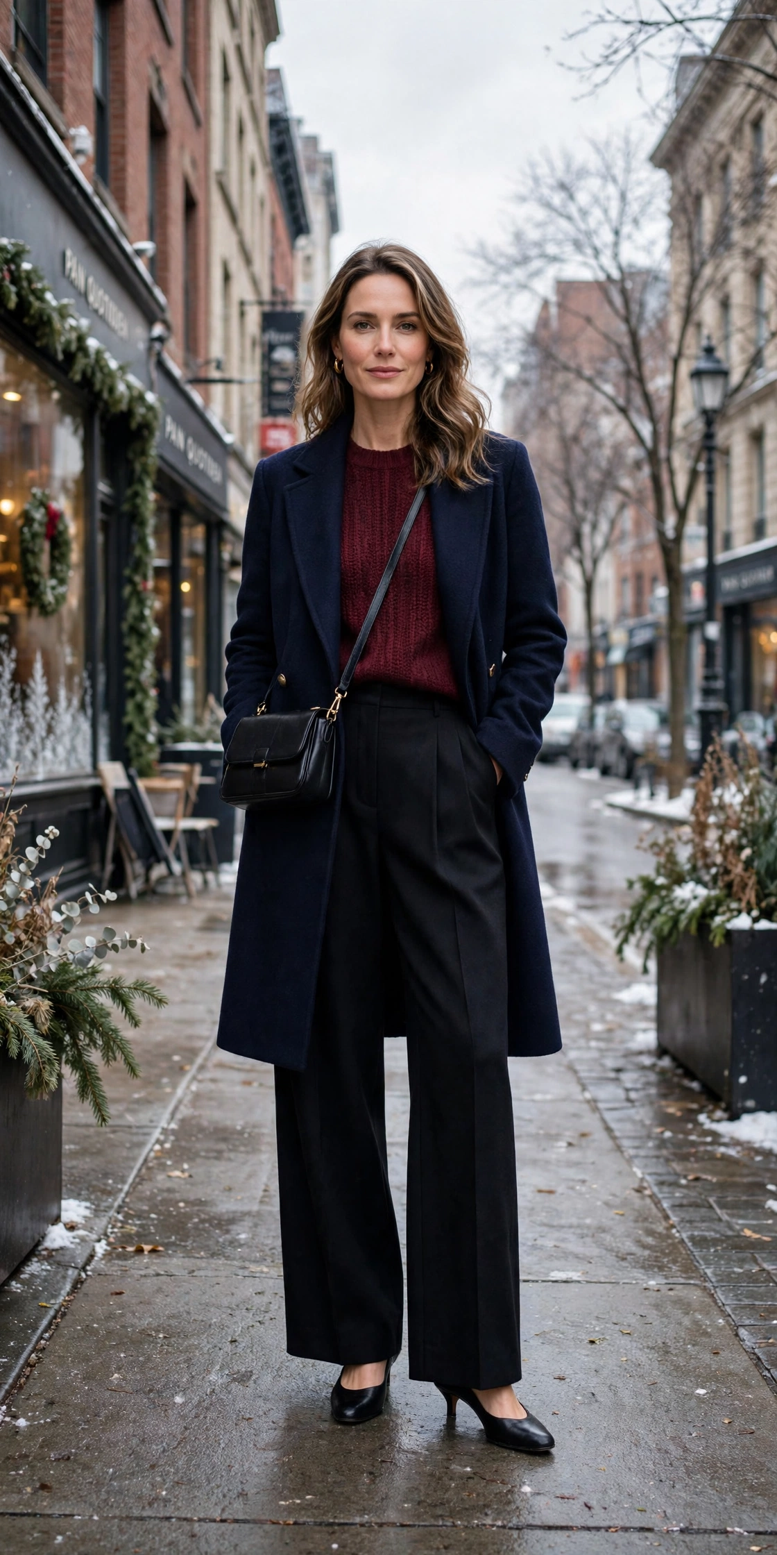 Burgundy knit sweater with a navy coat, black wide-leg trousers and low-heeled pumps