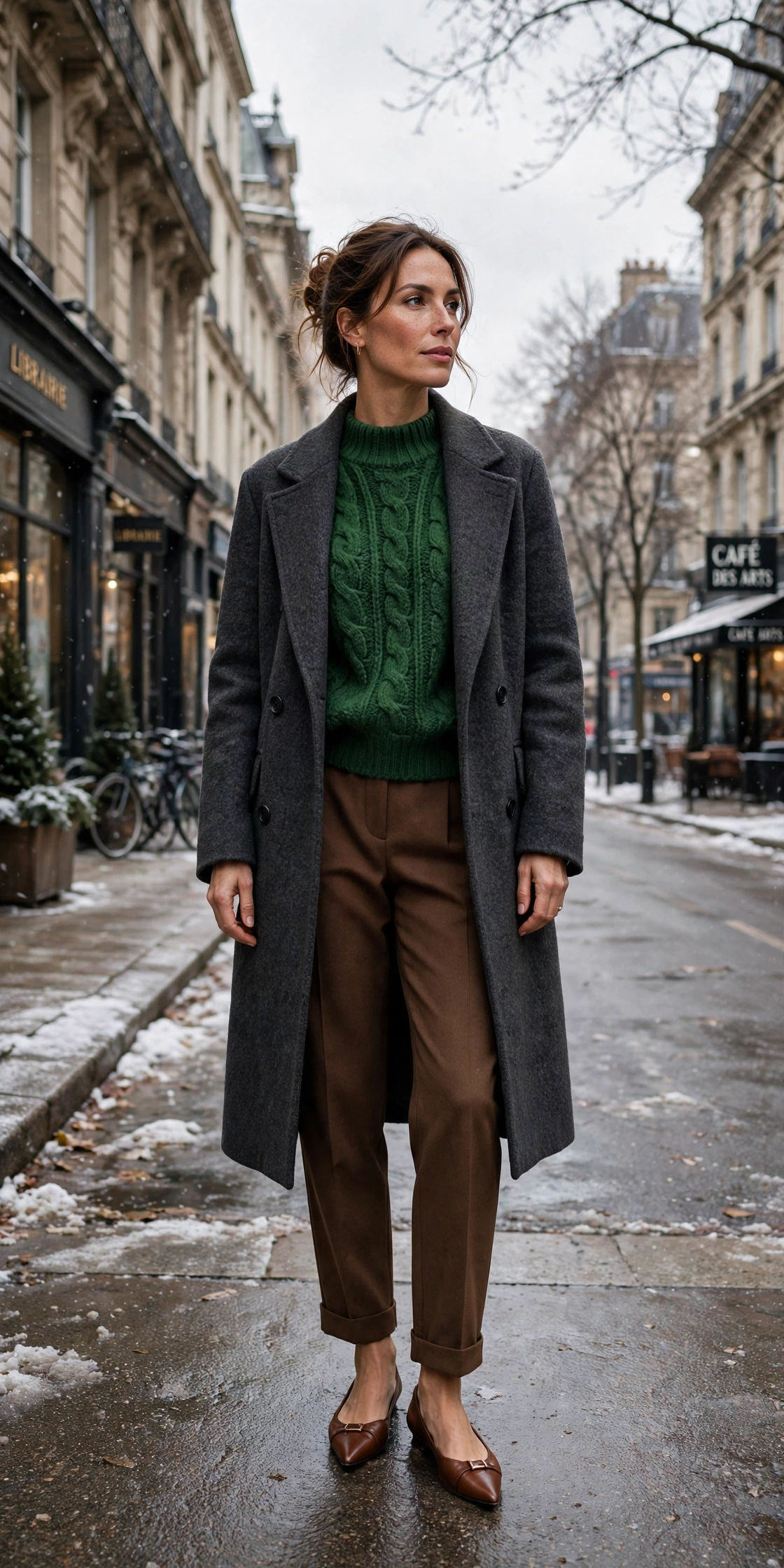 Forest green knit sweater with a charcoal coat, brown trousers and elegant pointed flats