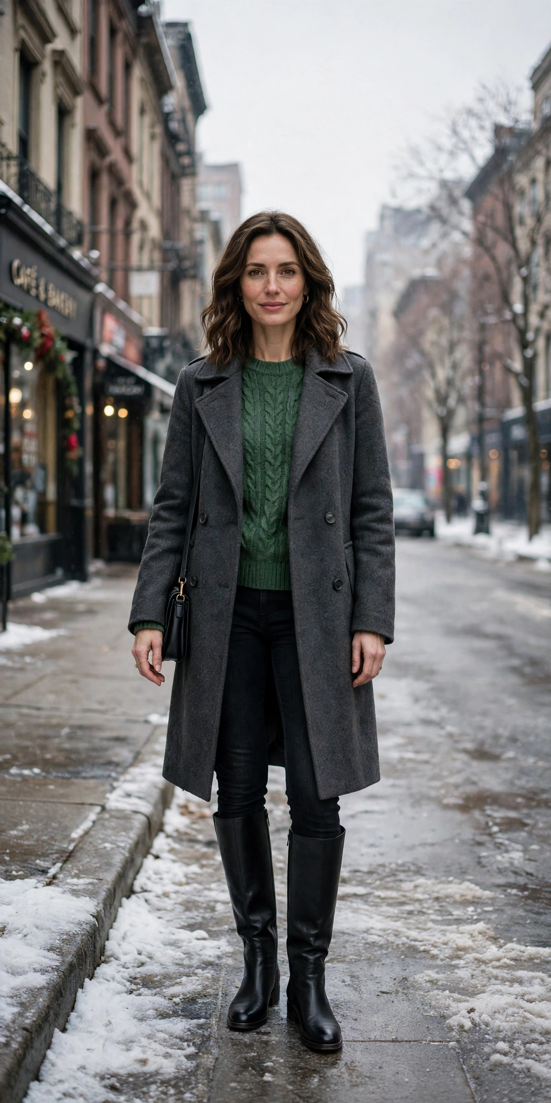 Forest green knit sweater with a charcoal coat, black jeans and knee-high boots