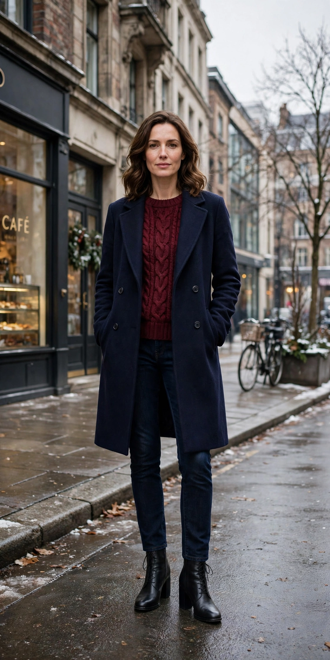 Burgundy knit sweater with a navy coat, dark jeans and block-heel ankle boots