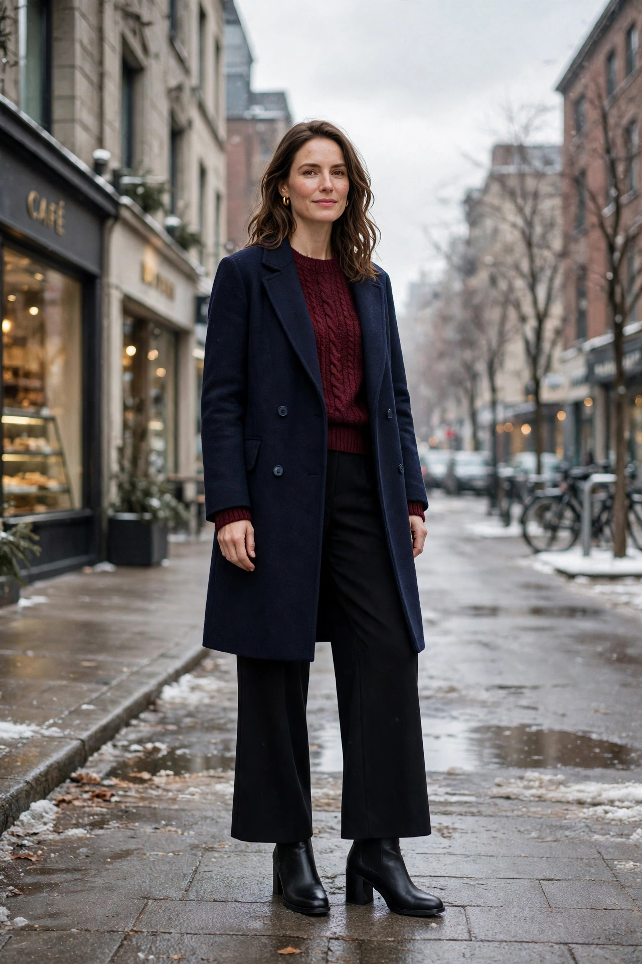 Burgundy knit sweater with a navy coat, black wide-leg trousers and block-heel ankle boots