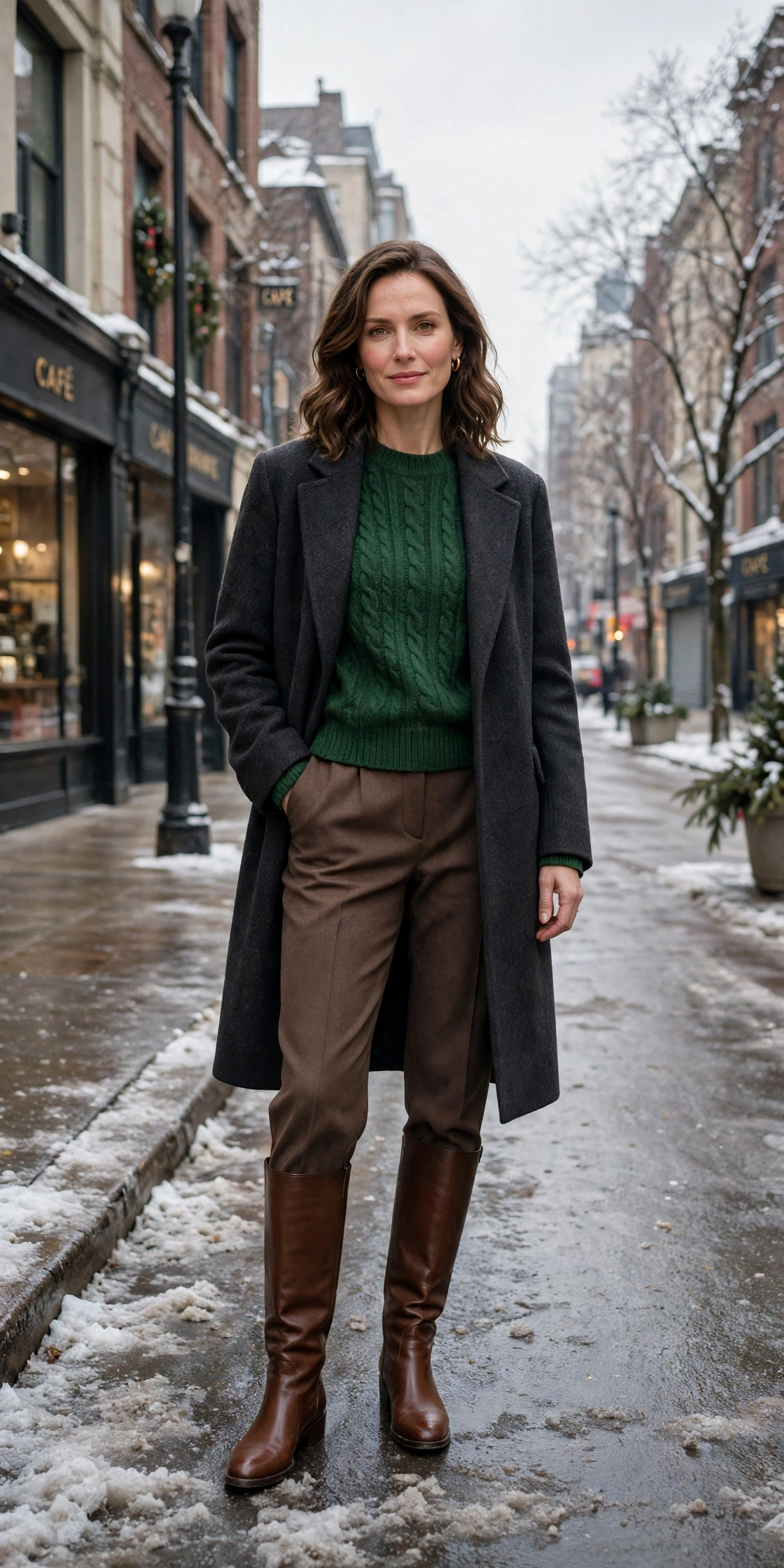 Forest green knit sweater with a charcoal coat, brown trousers and knee-high boots