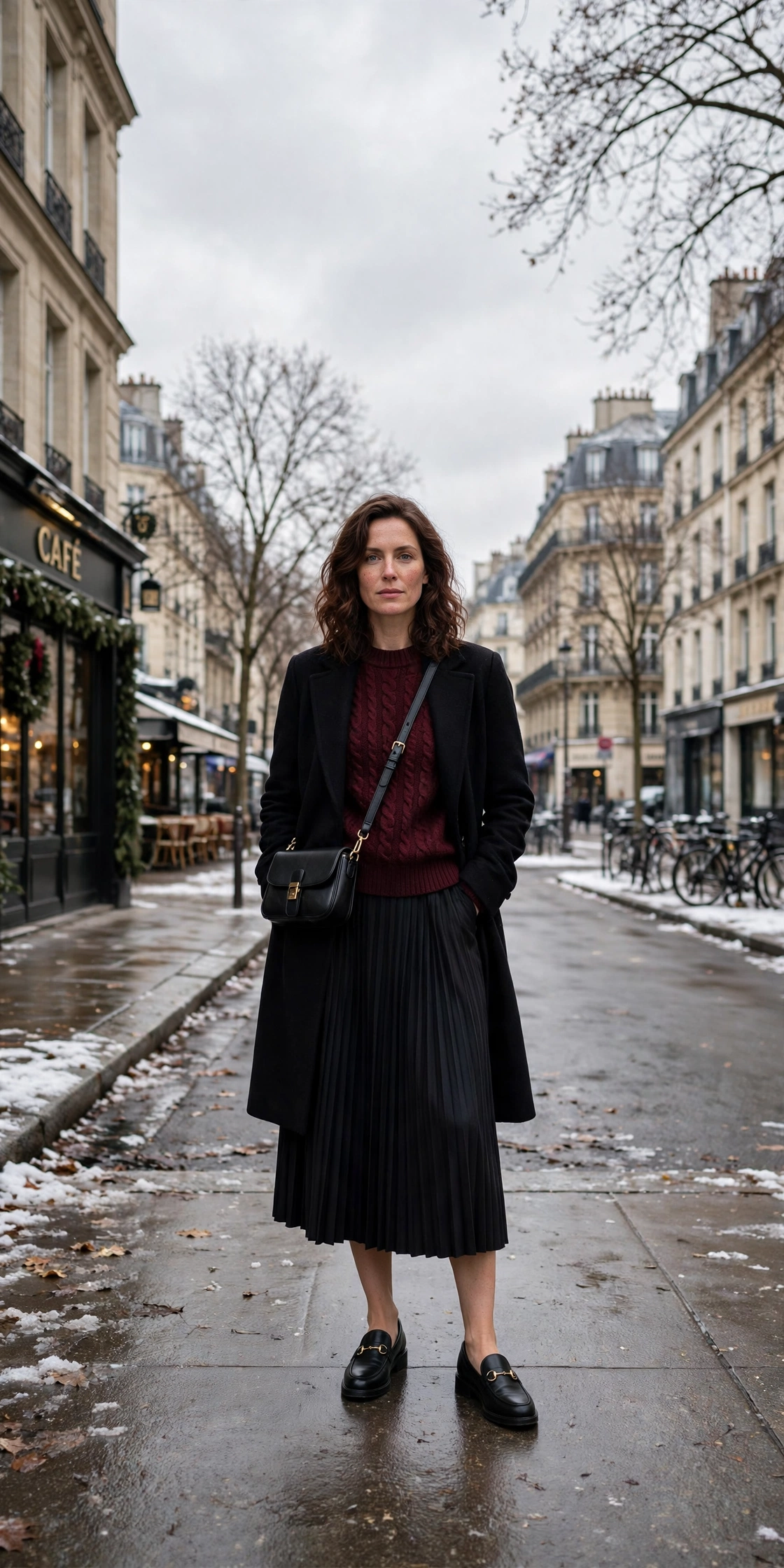 Wine knit sweater with a black coat, dark midi skirt and classic loafers