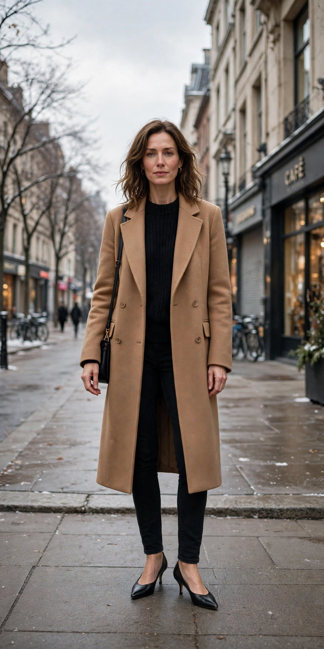 Black knit sweater with a camel coat, black jeans and kitten heels