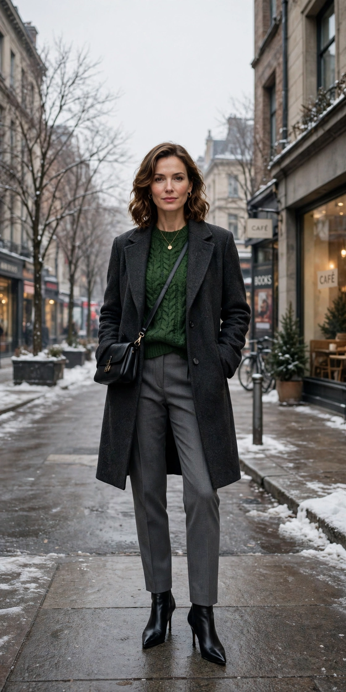 Forest green knit sweater with a charcoal coat, grey tailored trousers and black pointed boots