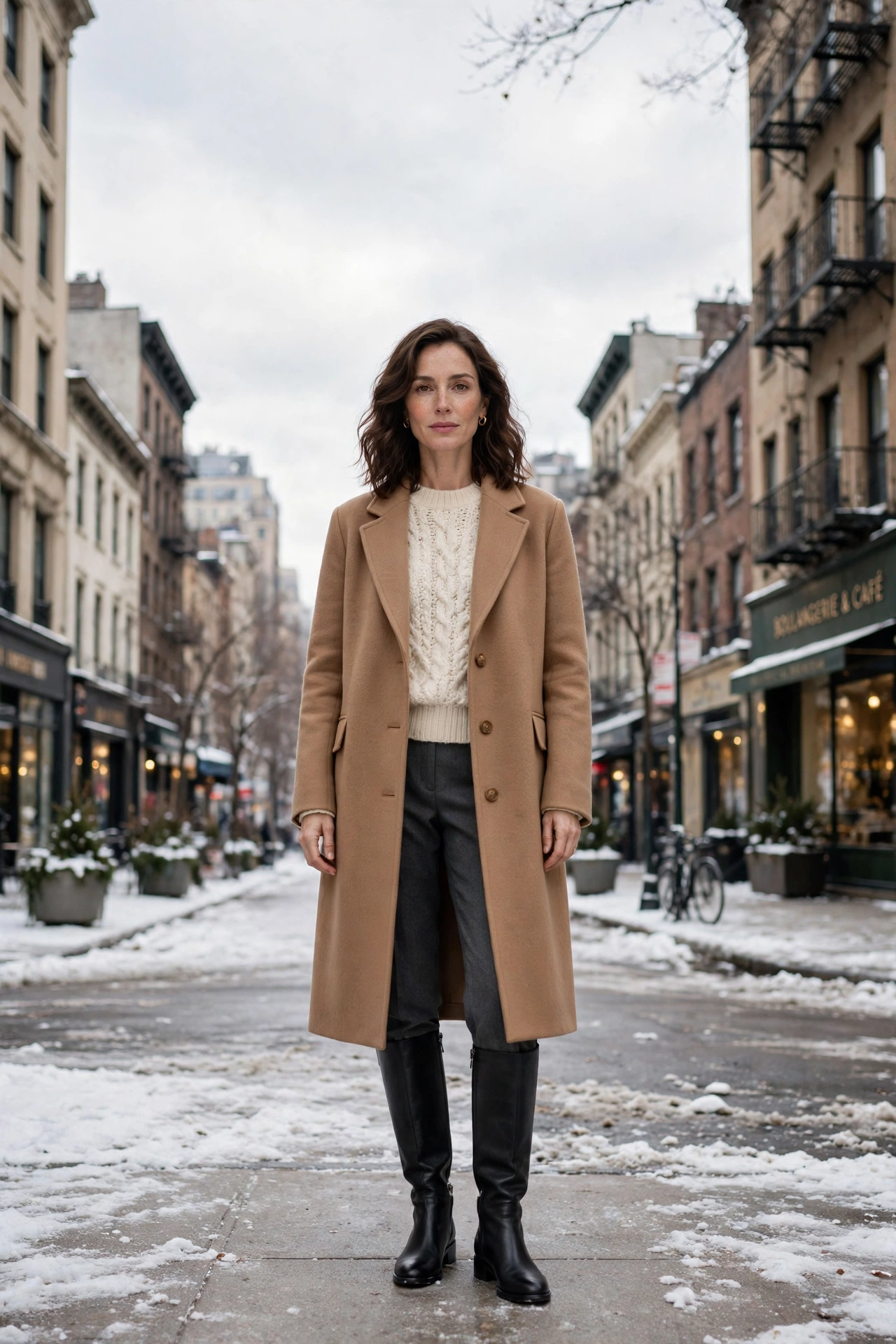 Cream knit sweater with a camel coat, charcoal trousers and knee-high boots