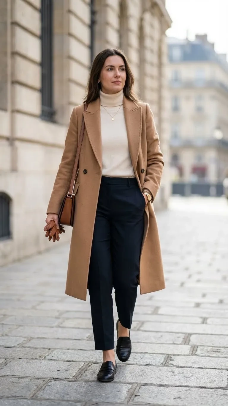 Cream knit sweater with a camel coat, navy trousers and classic loafers