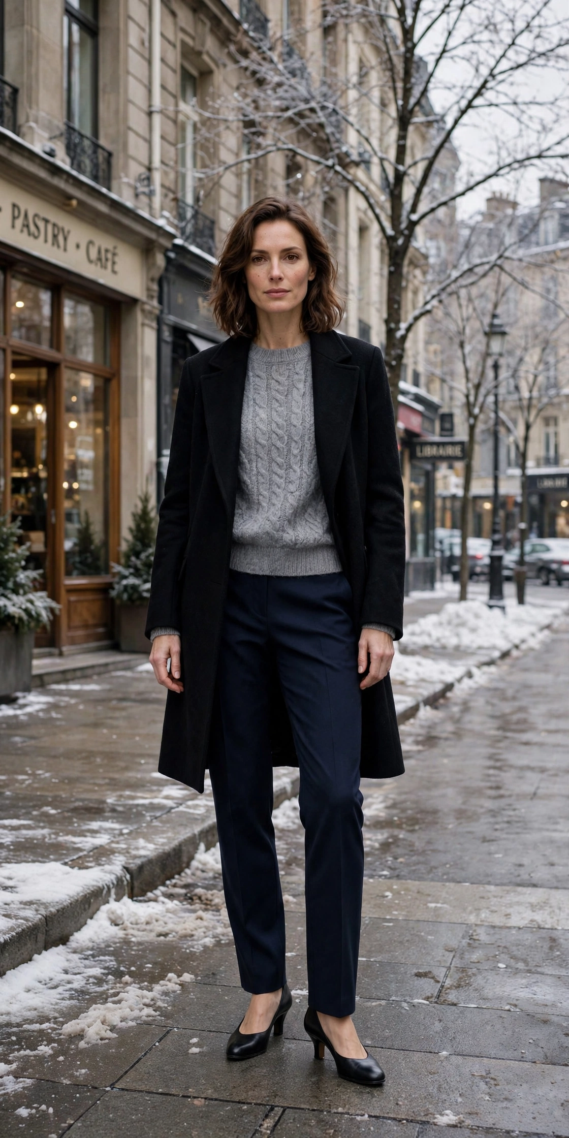 Grey knit sweater with a black coat, navy trousers and low-heeled pumps
