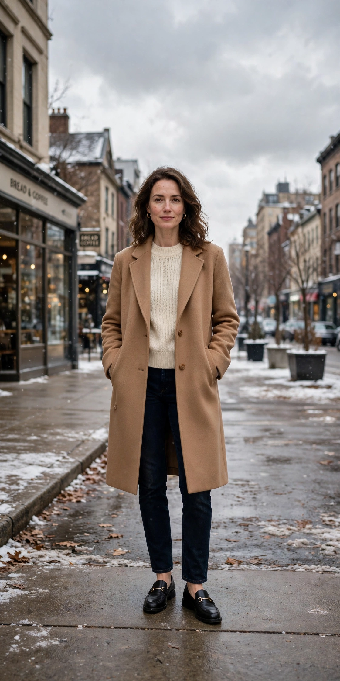 Cream knit sweater with a camel coat, dark jeans and classic loafers