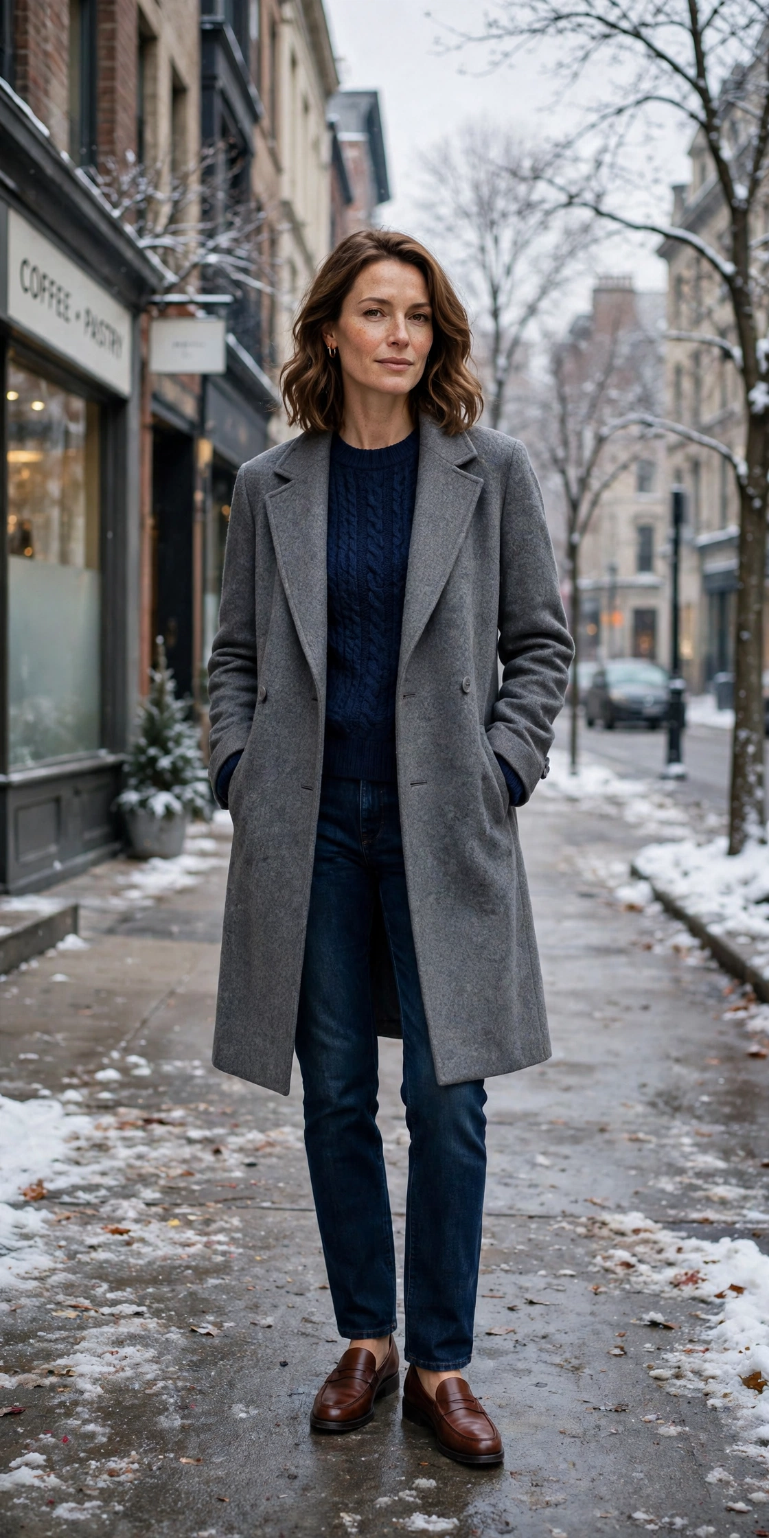Navy knit sweater with a grey coat, dark jeans and classic loafers