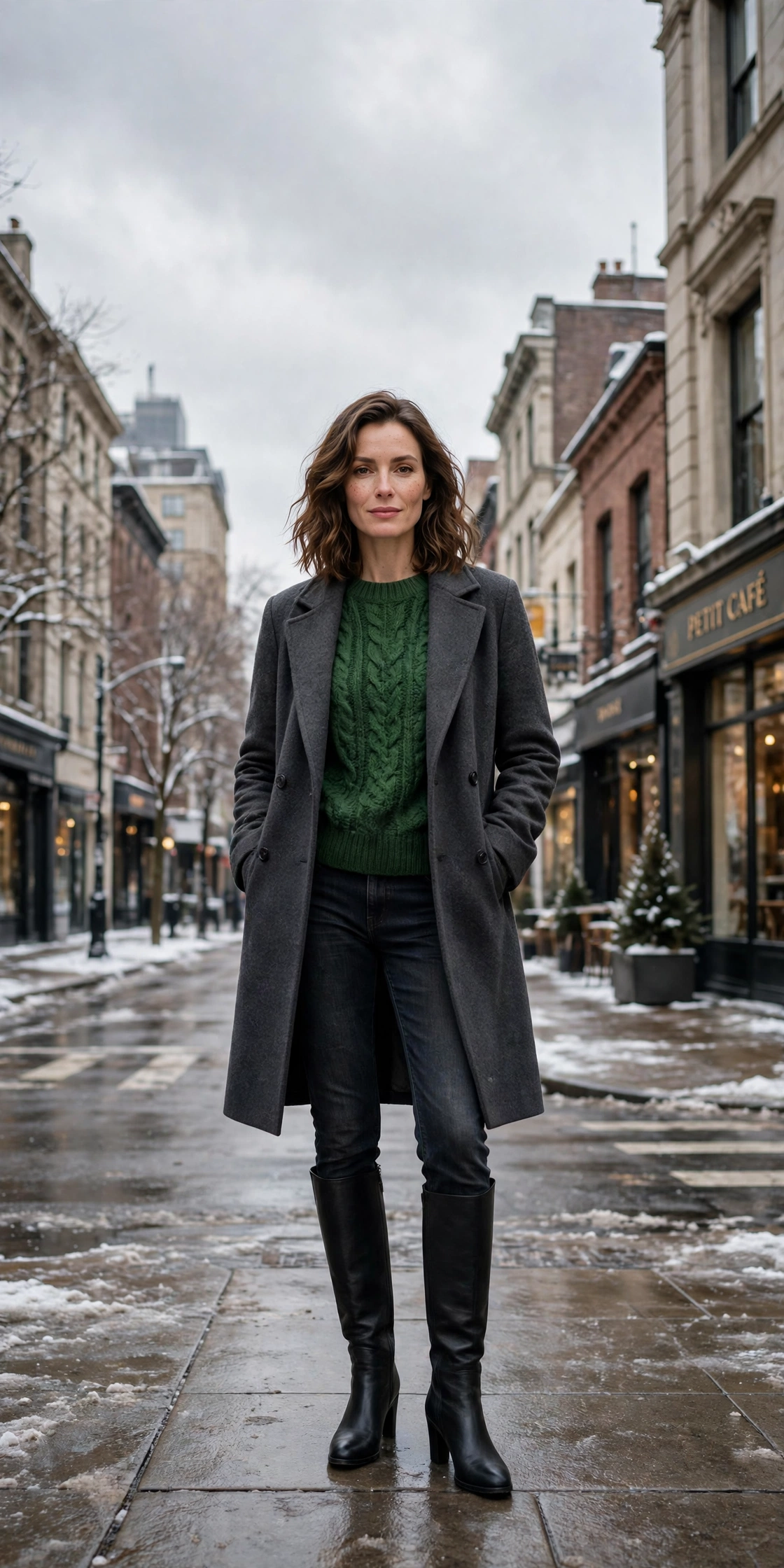 Forest green knit sweater with a charcoal coat, dark jeans and knee-high boots