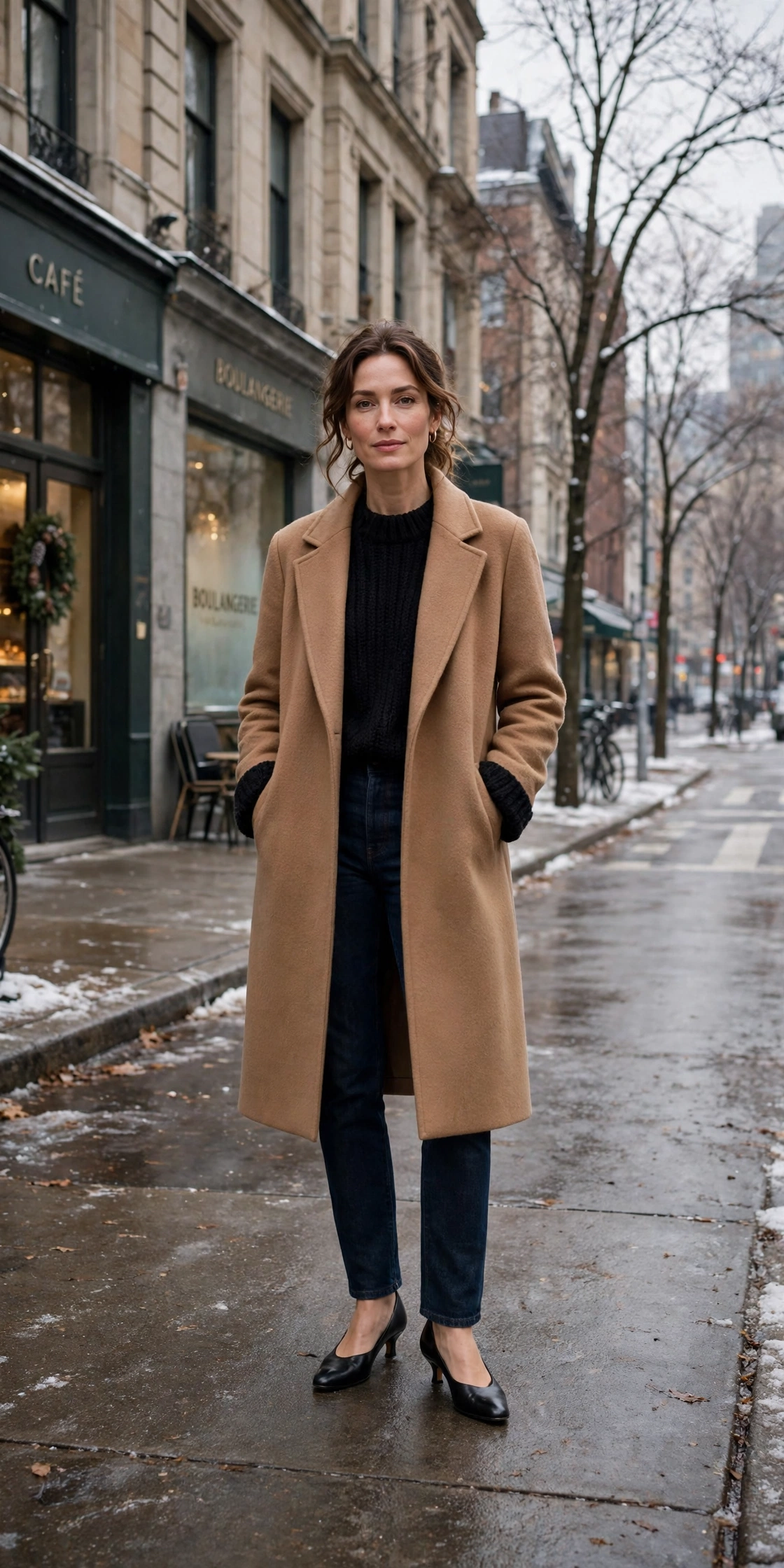 Black knit sweater with a camel coat, dark jeans and low-heeled pumps