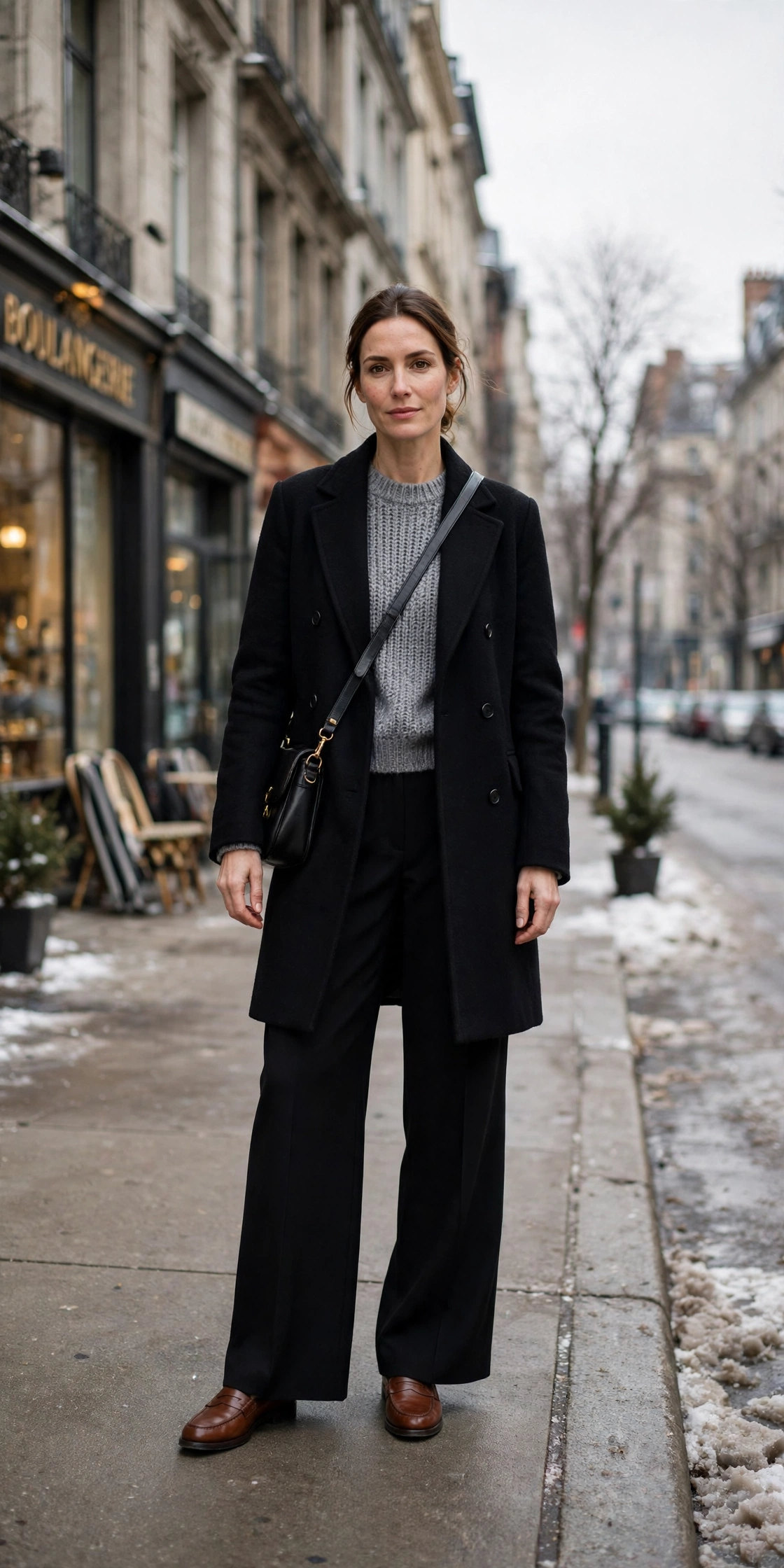 Grey knit sweater with a black coat, black wide-leg trousers and classic loafers