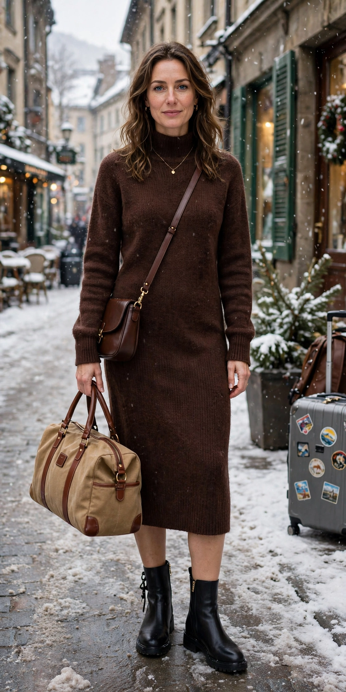 50 Women in Their 30s Leather Boots Outfits for Winter Travel That Are Chic, Warm and Elegant 4 Chocolate leather boots and sweater dress outfit with black leather ankle boots and a delicate gold necklace