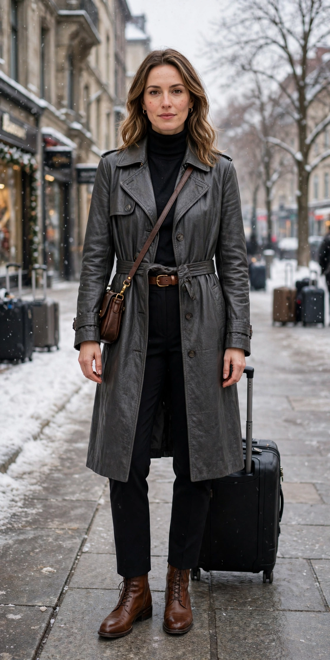 50 Women in Their 30s Leather Boots Outfits for Winter Travel That Are Chic, Warm and Elegant 5 Charcoal leather boots and coat outfit with black trousers, brown leather ankle boots and a slim leather belt