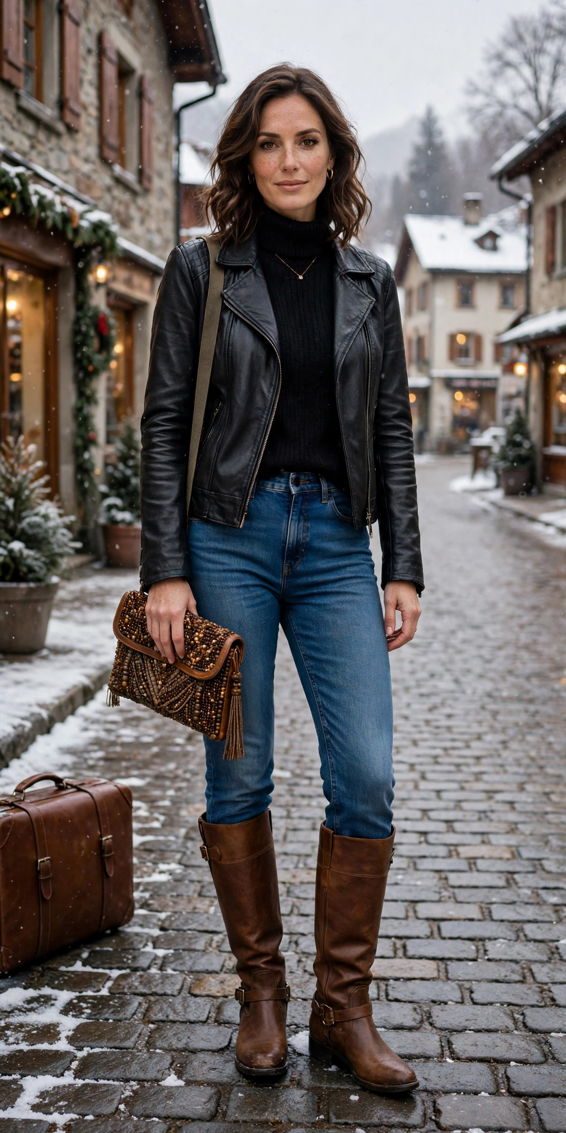 50 Women in Their 30s Leather Boots Outfits for Winter Travel That Are Chic, Warm and Elegant 7 Black leather boots and jeans outfit with brown leather knee boots and a beaded clutch