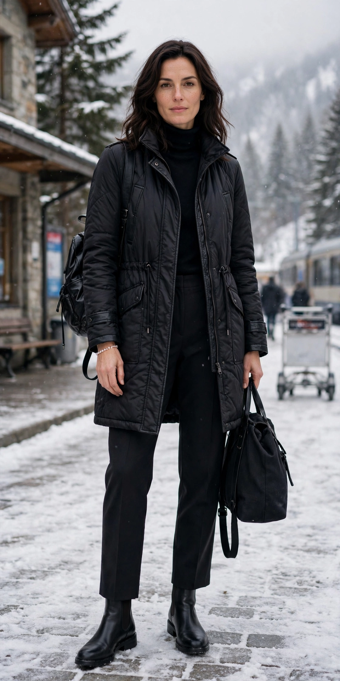 50 Women in Their 30s Leather Boots Outfits for Winter Travel That Are Chic, Warm and Elegant 10 Black leather boots and travel coat outfit with straight-leg trousers, black leather ankle boots and a pearl bracelet