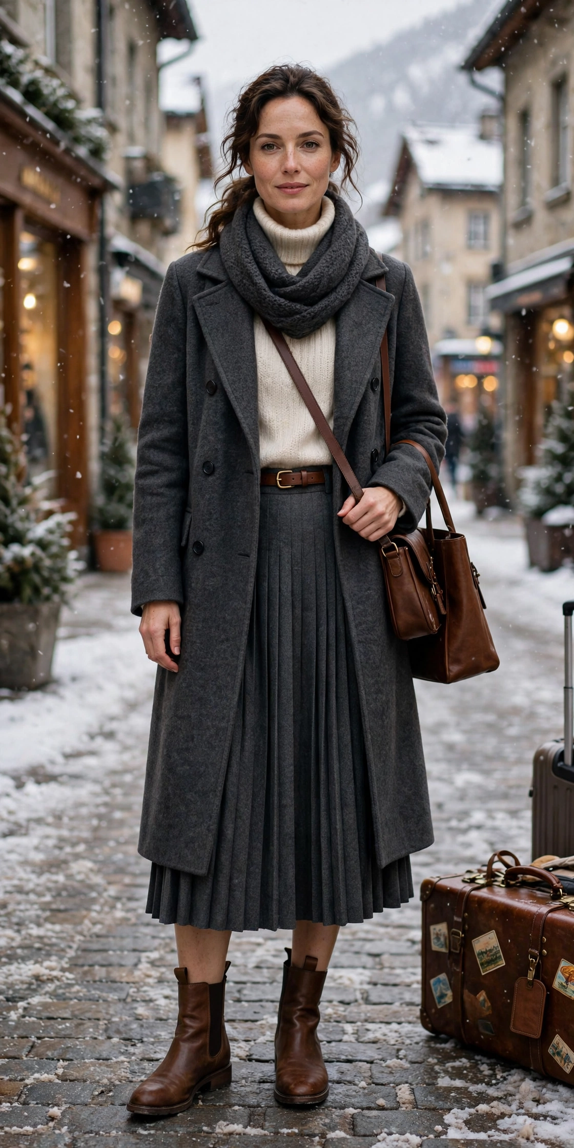50 Women in Their 30s Leather Boots Outfits for Winter Travel That Are Chic, Warm and Elegant 12 Charcoal leather boots and scarf outfit with a pleated skirt, brown leather ankle boots and a slim leather belt