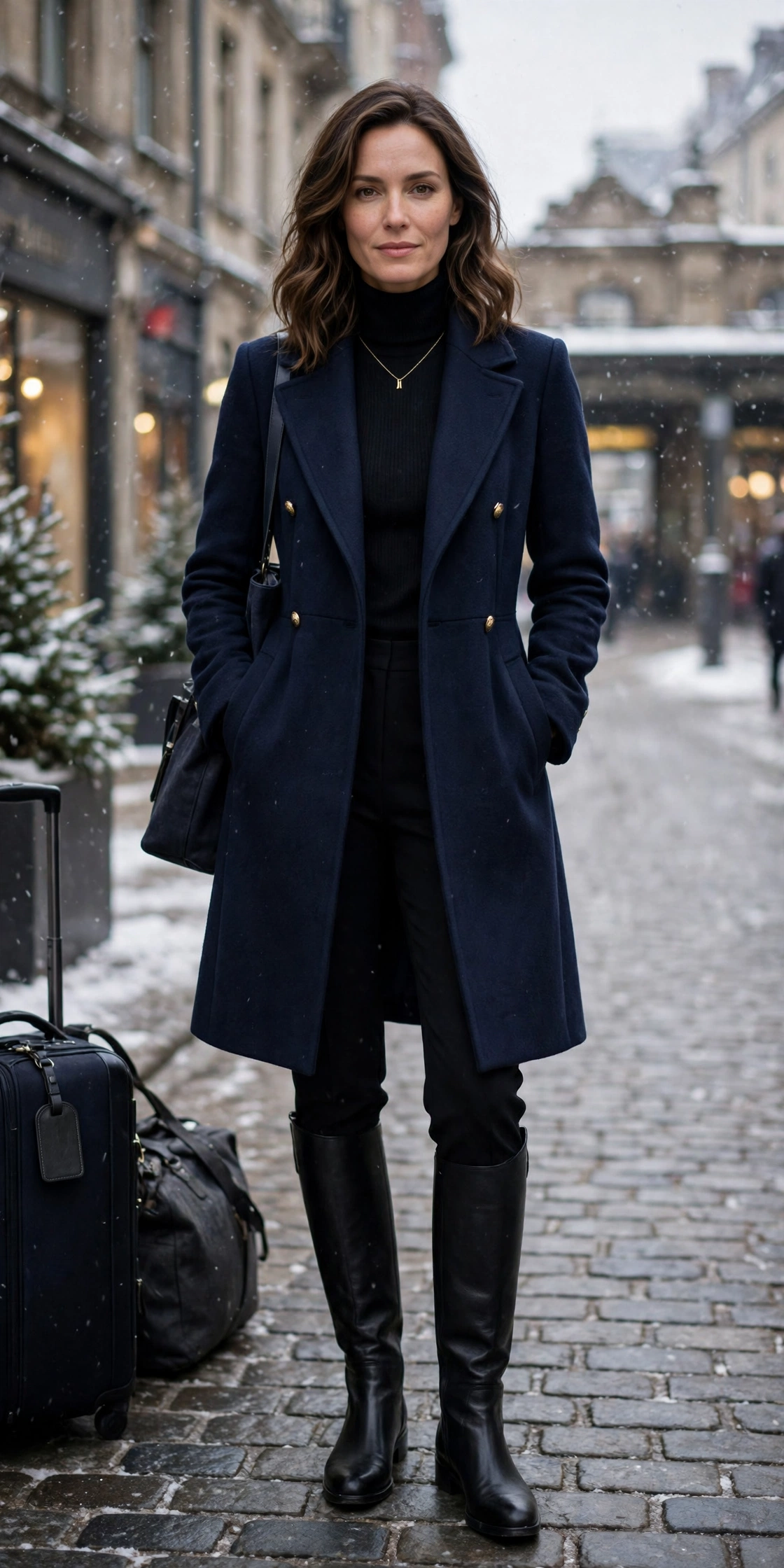 50 Women in Their 30s Leather Boots Outfits for Winter Travel That Are Chic, Warm and Elegant 16 Navy leather boots and structured coat outfit with black trousers, black leather knee boots and a delicate gold necklace