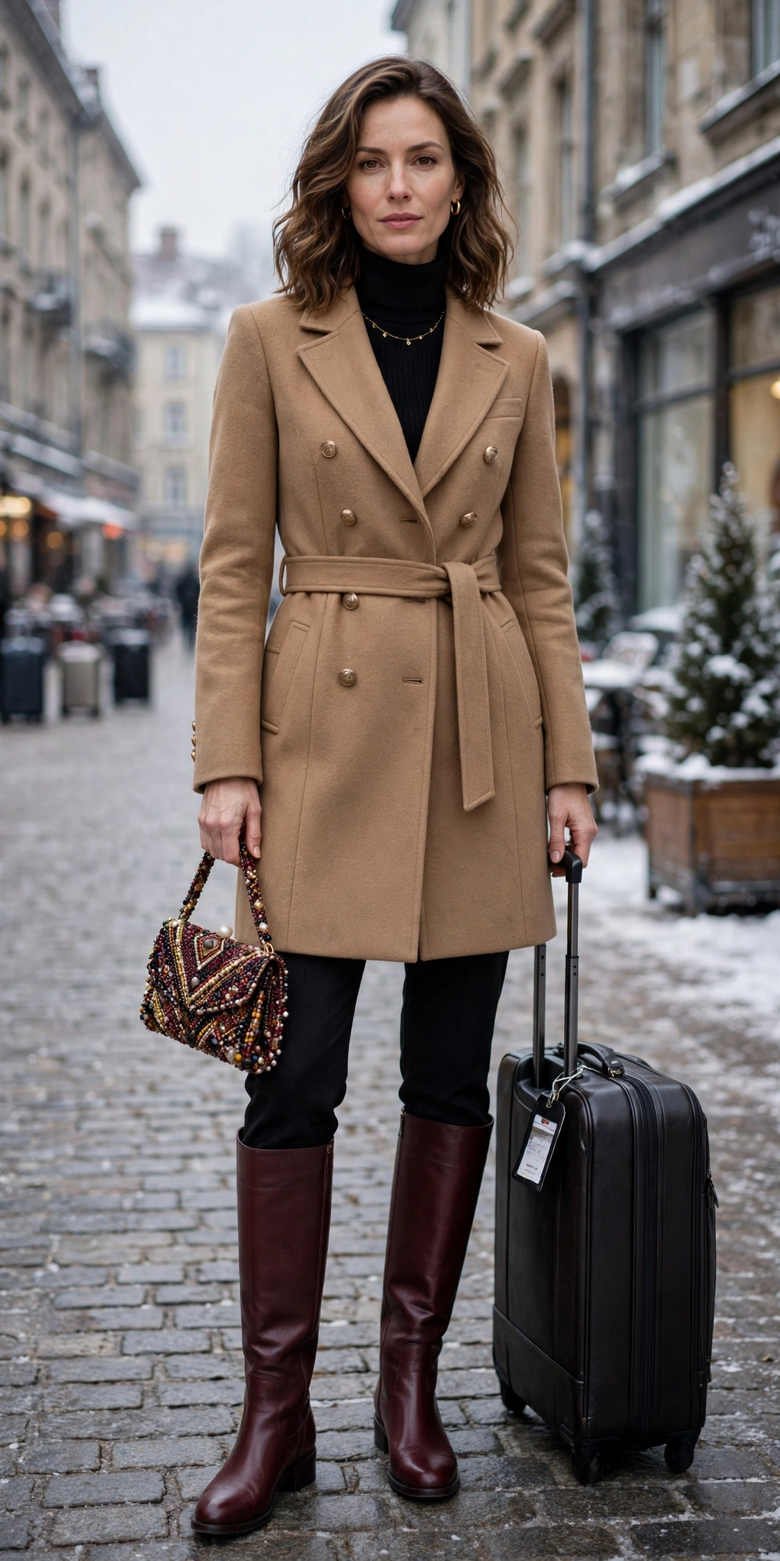 50 Women in Their 30s Leather Boots Outfits for Winter Travel That Are Chic, Warm and Elegant 17 Tan leather boots and structured coat outfit with black trousers, burgundy leather knee boots and a beaded clutch