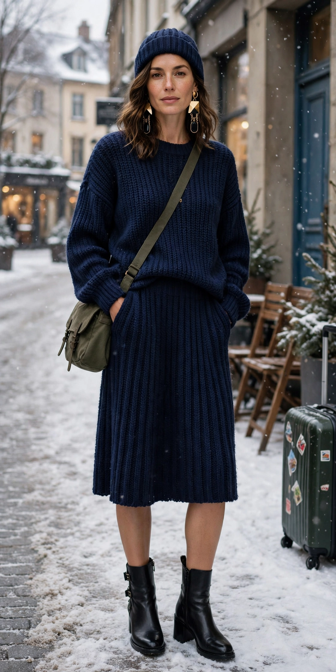 50 Women in Their 30s Leather Boots Outfits for Winter Travel That Are Chic, Warm and Elegant 19 Navy leather boots and knit outfit with a knee-length skirt, black leather ankle boots and statement earrings