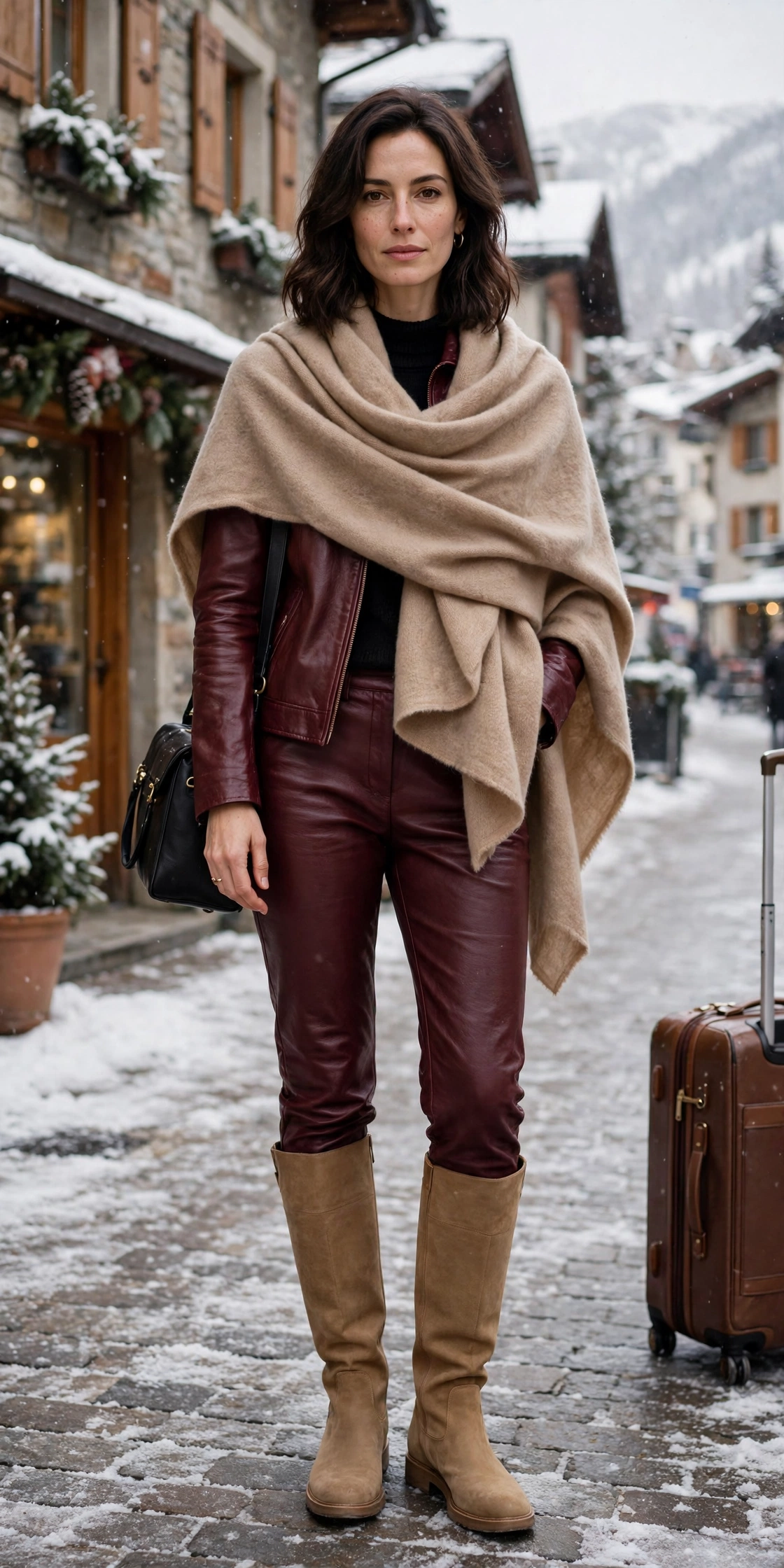 50 Women in Their 30s Leather Boots Outfits for Winter Travel That Are Chic, Warm and Elegant 21 Burgundy leather boots and trouser outfit with tan leather knee boots and a cashmere wrap